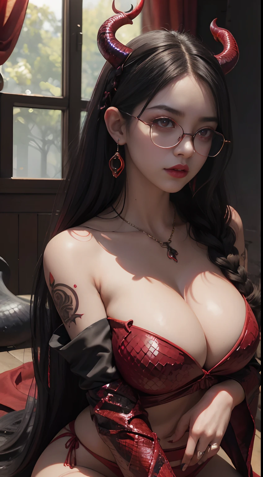 Fine、(The best illustrations)、8k UHD resolution、intricate-detail、top-quality、realisitic、ultra-detailliert、The best lighting、Best Shadows、Soft lighting、Ulutra HD、Ultra-realistic、Tindall Effect、Photorealsitic、(High Detail Skins:1.2)、 (Intricate details, makeup, pureerosface_v1:0.5), (Detailed beautiful delicate face, Detailed beautiful delicate eyes, A perfectly proportioned face, High detailed skin, Detailed skin, best ratio four finger and one thumb, arms below breasts, Tattoo with a red glow under the stomach、Awesome awesome, wide hips, smooth midriff, skiny and thin, __Fashion__, __hair__:1.25)、Digital SLR、 absurderes、1 beautiful devil woman from hell, surreal female portraits by David Hockney and Alphonse Mucha, Portrait of a seductive woman、Fantasy Art, Chinese Doll、Chinese actress、Dungeon、The dragon、Devil's Palace、Devil's Torture Chamber、natta、Dark style 、In the Dark、(Detailed spooky backgrounds:0.8), magia、 1人、Evil Nun、Dark Necromancer、Succubus、Devil's Daughter、Umi Shinonome、Bat Wings,(((Demon Horns)))、 ((((Huge glasses, Otaku Glasses, thick glasses, Round glasses)))),(((Colossal tits)))、(Devil's Tail)、(red eyes glowing:1.6)、red eyes make up very sharp and detailed, The eyes are very well made up, ((Red Eye:1.0)),intricate tattoos, demonic intricate tattoos, thigh tattoos, body tattoos, masterpiece、The most beautiful face、a baby face、Charming smile、plump beautiful red lips、Muscular seductive body、The enchanting body of the devil、devil style、Seductive Black Magic Costume、(((A shiny red snake is wrapped around her body)))、The long-haired、Braids、Black hair、Ponytail distortion、, Ponytail with a bow tied at the back of the hair, Beautiful expression、Body Up、Large breasts emphasis、Bust, Super tight breasts, Breast augmentation surgery, The breasts are very big and round and round,Toned waist、Wide buttocks、 lowkey, cowboy lens, (red phoenix dress: 1.0), devil crown, Red sparkling gemstone necklace、Jewelry Gwise, wearing black mesh socks,wearing a thin red and