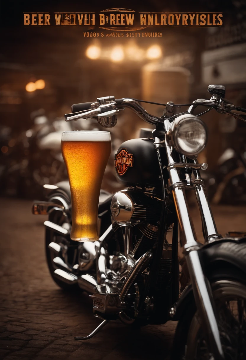 CREATE AN 80'S STYLE POSTER WITH BEER AND HARLEY DAVIDSON MOTORCYCLES, ON THE POSTER WRITE: BATIST BREW RIDERS