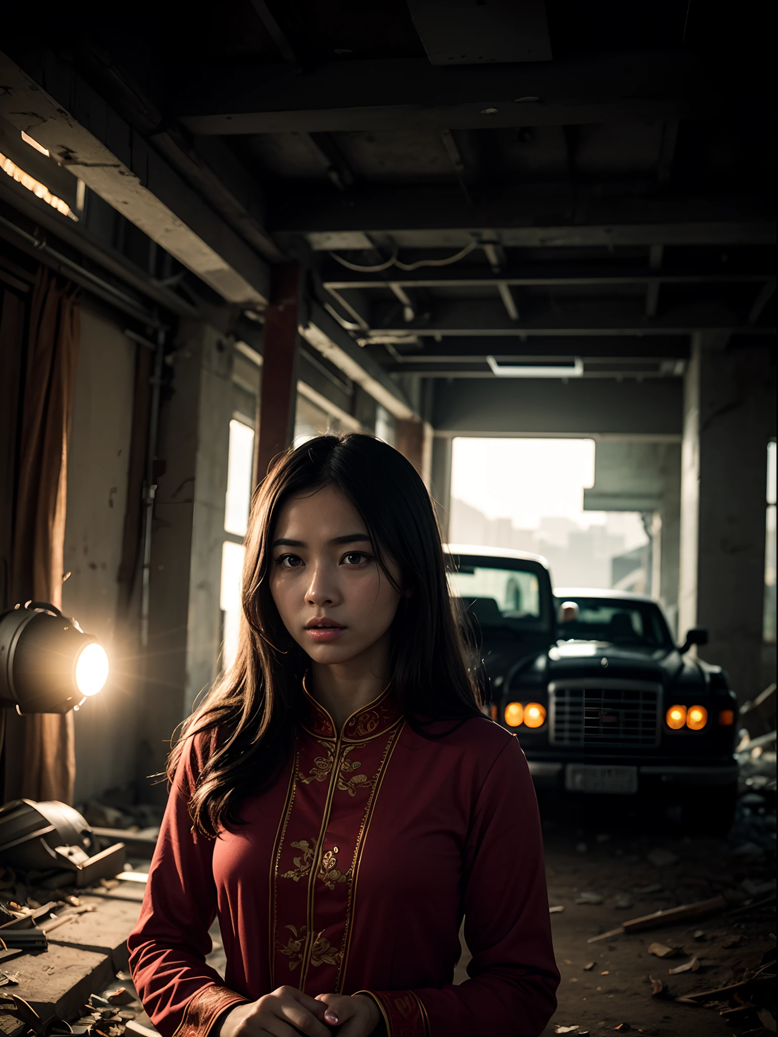 1 malay man (young 20 years old malay man) and 1 russian girl in hijab and wearing baju kurung at old abandoned gas station, route 90, old broken cars, sunset, bloom, kodachrome colors, sharp focus,(xx),(in the dark:2) Best quality, masterpiece, ultra high res, (photorealistic:1.4), (deep shadow:1.2),long hair, low key,black hair, night, realistic, photo-realistic ,(RAW photo, best quality), (realistic, photo-realistic:1.3),best quality,highly detailed,masterpiece,ultra-detailed,illustration,1girl,upper_body,dynamic angle,world masterpiece theater,messy_long_hair,best quality,extremely detailed CG unity 8k wallpaper,ink,Amazing,cinematic lighting,lens_flare, dunhuang_style, cinematic color, movie shot angle and framing,