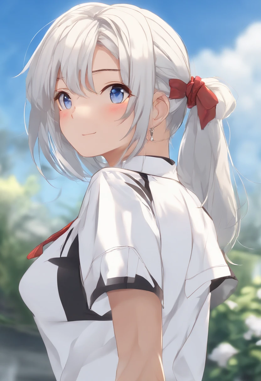 (((hair over one eye))), (((((kanu unchou))))), (((((blue_sky))))), sunlight,((((mock neck white gym shirt))))), (((((buruma))))), cinematic lighting, 8k_wallpaper, ambient light, best quality, masterpiece,{{ultra-detailed}}, {{illustration}},  shiny hair, dark-skinned_female, bloom, love juice, ameltoe, wet, scatter sweat, sweat,   mature,30 years old, shiny hair,   dark_skin,huge breasts, tall female, broad shoulders, absurdly long     hair, long   arms , fine   macho, slim, slender, slender, curvy,  sports  shoes,white   soks,zettai ryouiki,