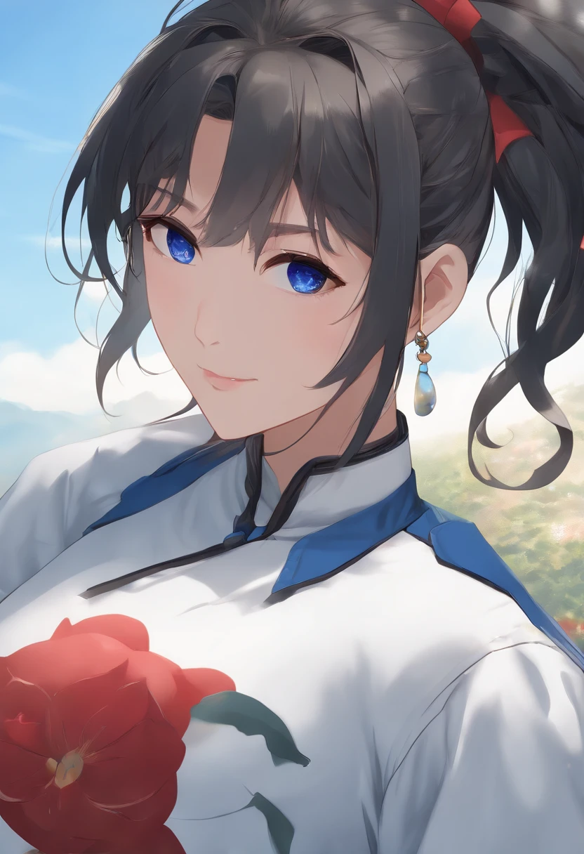 (((hair over one eye))), (((((kanu unchou))))), (((((blue_sky))))), sunlight,((((mock neck white gym shirt))))), (((((buruma))))), cinematic lighting, 8k_wallpaper, ambient light, best quality, masterpiece,{{ultra-detailed}}, {{illustration}},  shiny hair, dark-skinned_female, bloom, love juice, ameltoe, wet, scatter sweat, sweat,   mature,30 years old, shiny hair,   dark_skin,huge breasts, tall female, broad shoulders, absurdly long     hair, long   arms , fine   macho, slim, slender, slender, curvy,  sports  shoes,white   soks,zettai ryouiki,