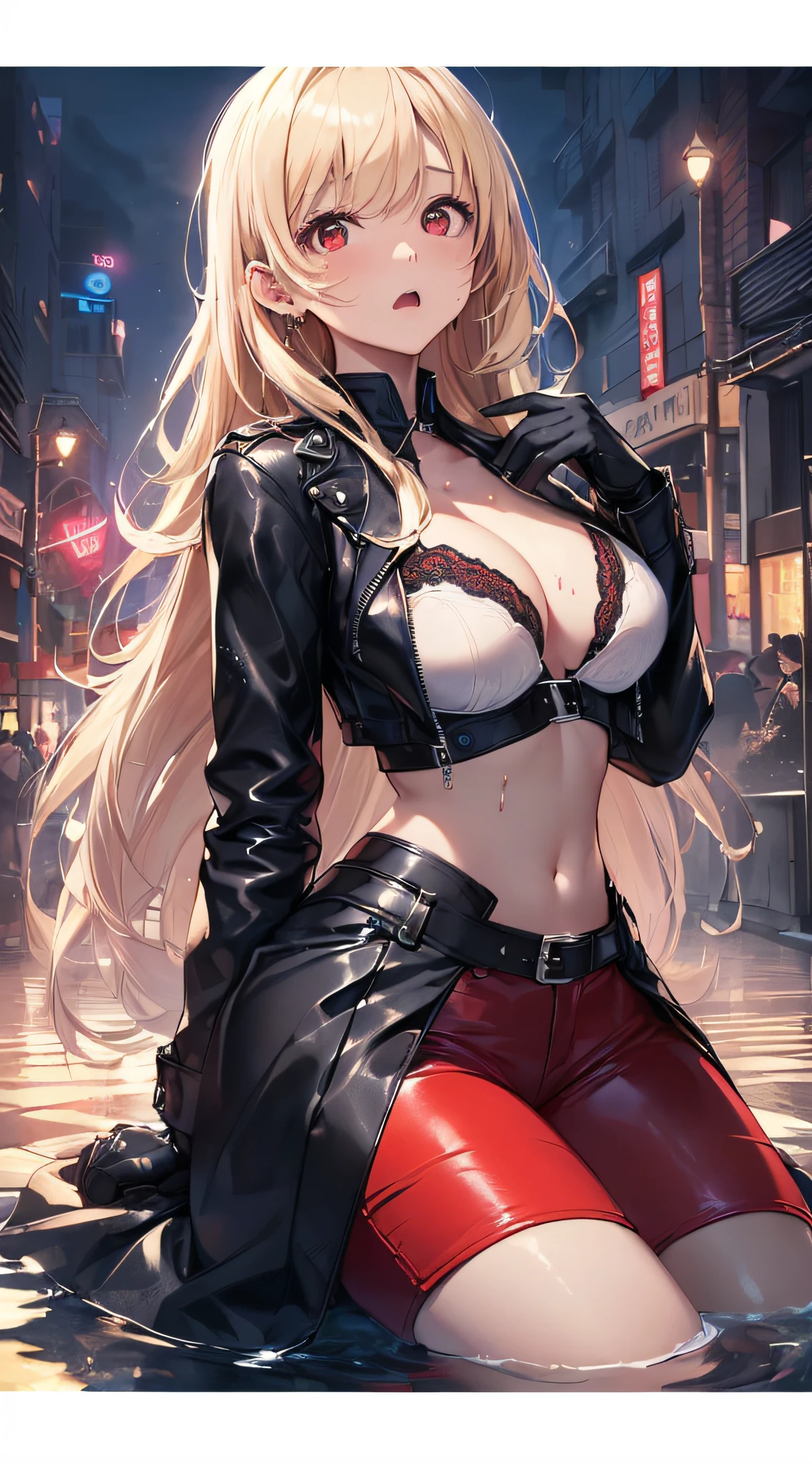top-quality、Top image quality、masterpiece、girl with((cute little、18year old、Best Bust、Medium bust、Bust 85,Red eyes to issue、Breasts wide open,Valley、Blonde long hair、A slender、Black leather bra、Black leather jacket、White trousers、astonished face、weightless、float、splatters)hiquality、Beautiful Art、Background with((nightcity、The ground glows red、mid air)),masutepiece、Elaborate design、visualart、depth of fields、