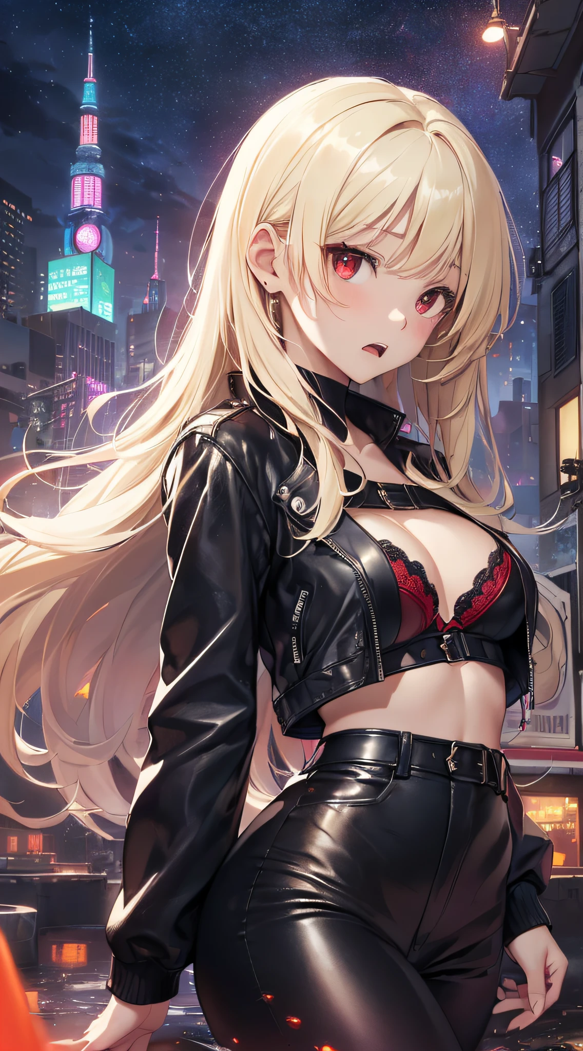 top-quality、Top image quality、​masterpiece、girl with((cute little、18year old、Best Bust、Medium bust、Bust 85,Red eyes to issue、Breasts wide open,Valley、Blonde long hair、A slender、Black leather bra、Black leather jacket、White trousers、astonished face、weightless、float、splatters）hiquality、Beautiful Art、Background with((nightcity、The ground glows red、mid air)),masutepiece、Elaborate design、visualart、depth of fields、