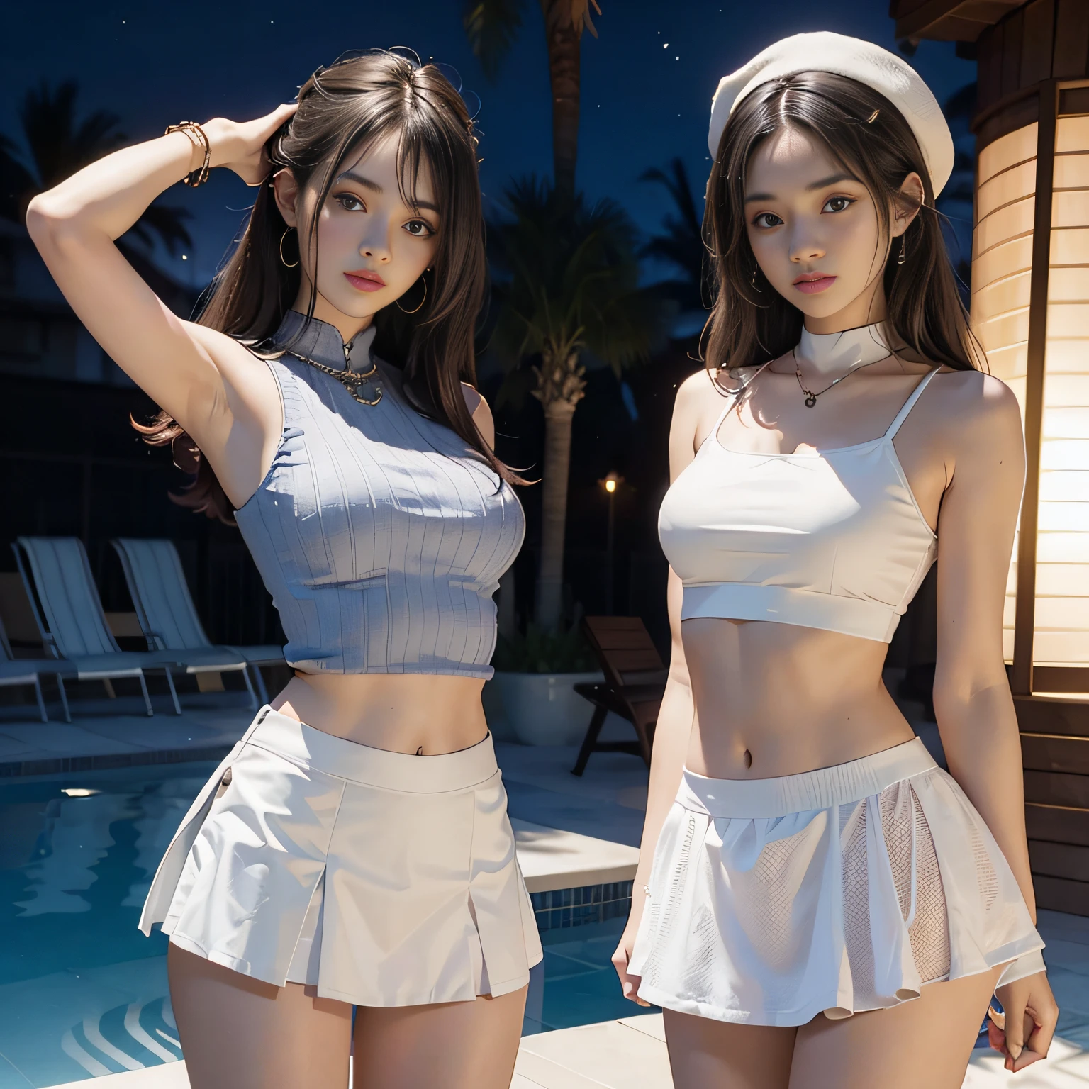 2 Beautiful Women, croptop, skirts that are too short, posing in the, Looks like the model Lucy Pinde。White panties are visible、Night Pool、Buttocks、