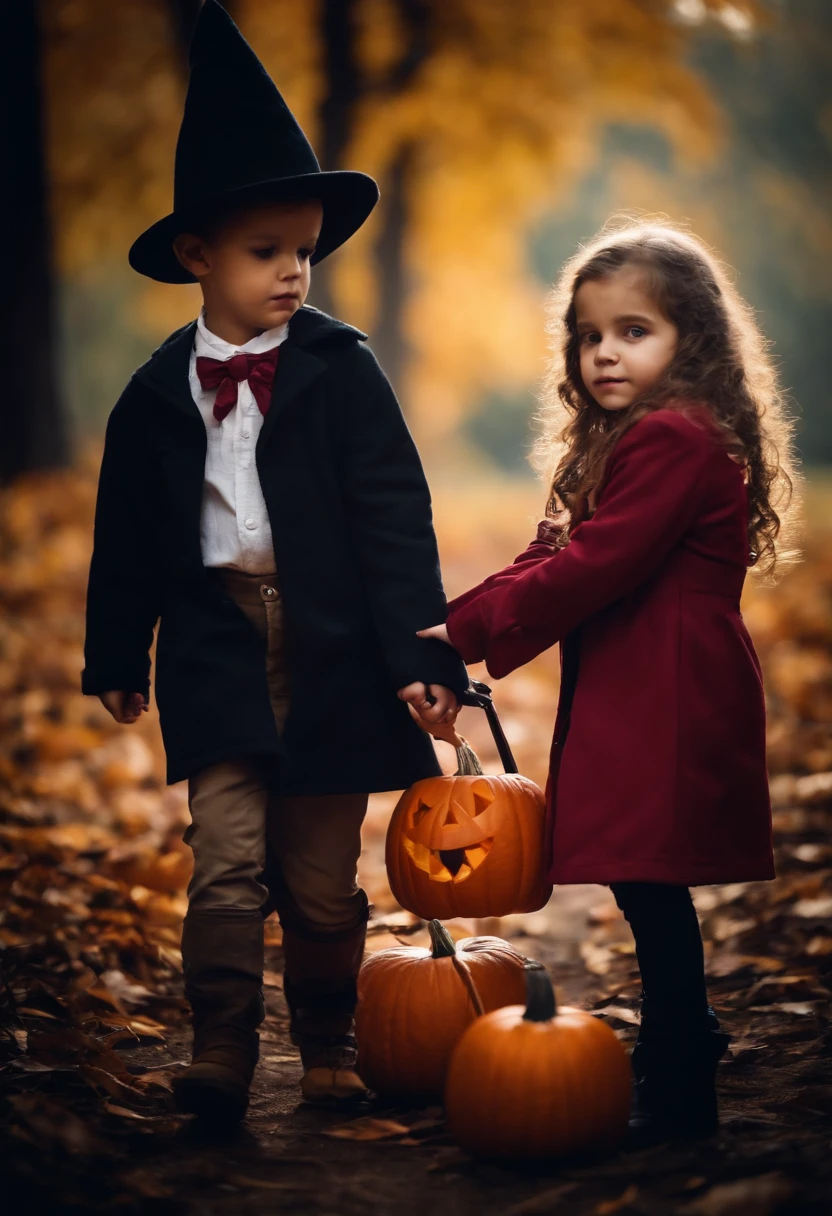 Two kids a front door trick or treating, point of view of person opening the door