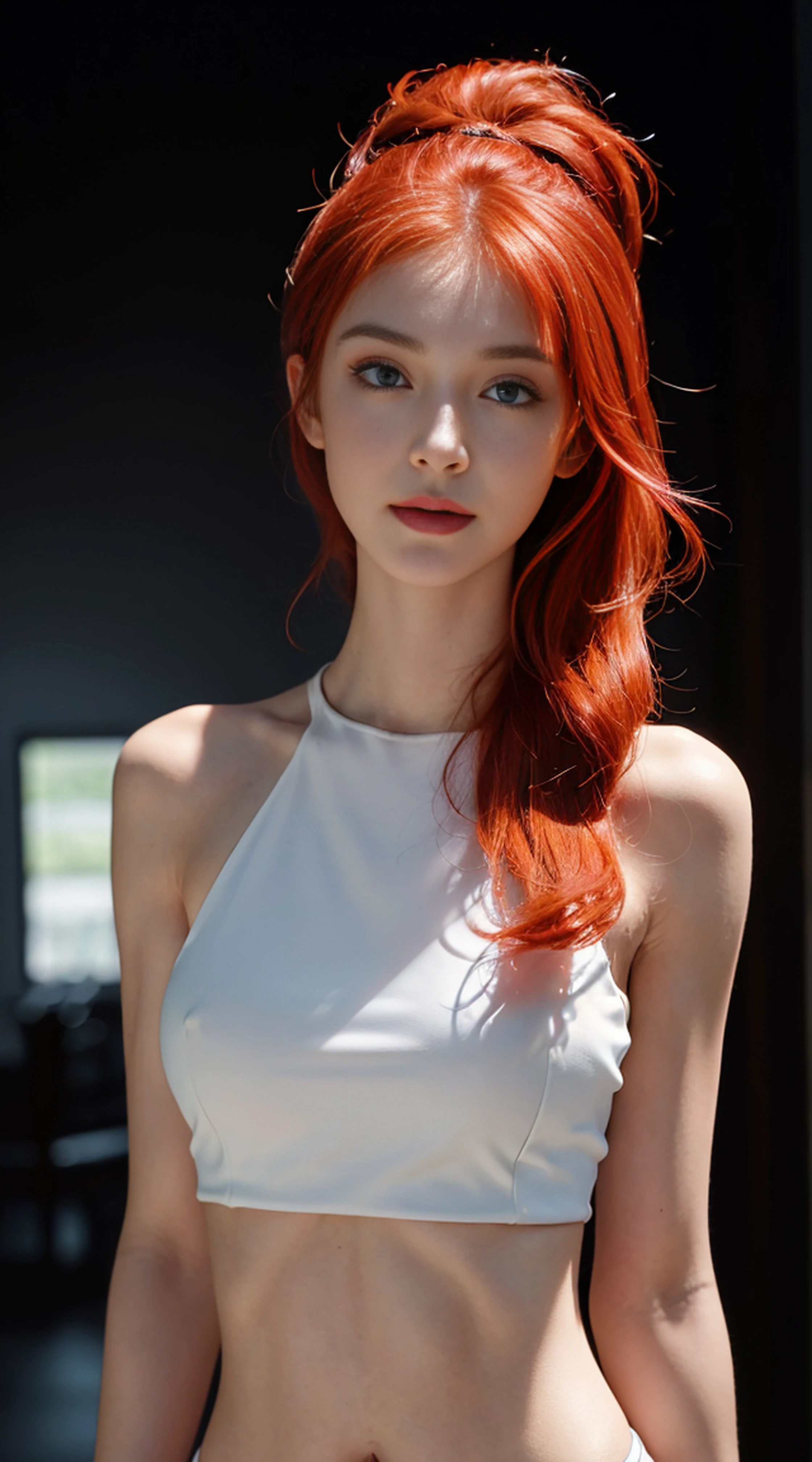 8K, Top Quality, Intricate Details, Ultra Detail, Ultra High Resolution, Masterpiece, random angle, Slender, Smile, (Makeup: 0.4), (Fluffy Blue Eyes: 1.21), blue Eyes, looking at viewer, ((full body)), 1girl, solo, 1 girl, (( full body)), close up shot, , ((tall)), (((fit body))), (((slim face))), sharp face, sharp eyes, (((red hair, , )) , (detailed face), sharp face, small lips, fire hair ,
(( )), (red crop top)), detailed face, detailed breast, , large breast, detail ass, , Beautiful girl with accentuated slender abs: 1.4, Six Pack Abs: 1.4, Bust Botox, Big, Perfect Body, detail leg, ((volcano)), fire on background
