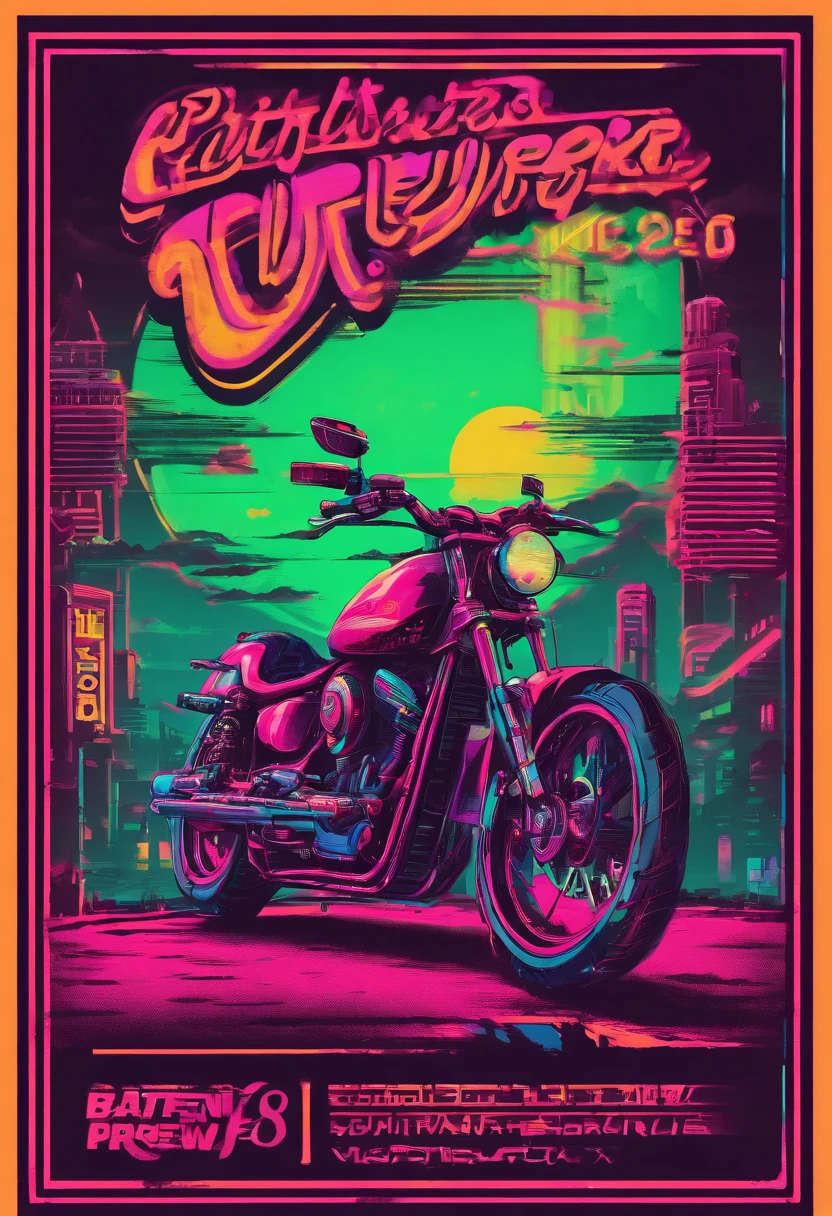 CREATE AN 80'S STYLE POSTER WITH BEER AND HARLEY DAVIDSON MOTORCYCLES, ON THE POSTER WRITE: BATIST BREW RIDERS