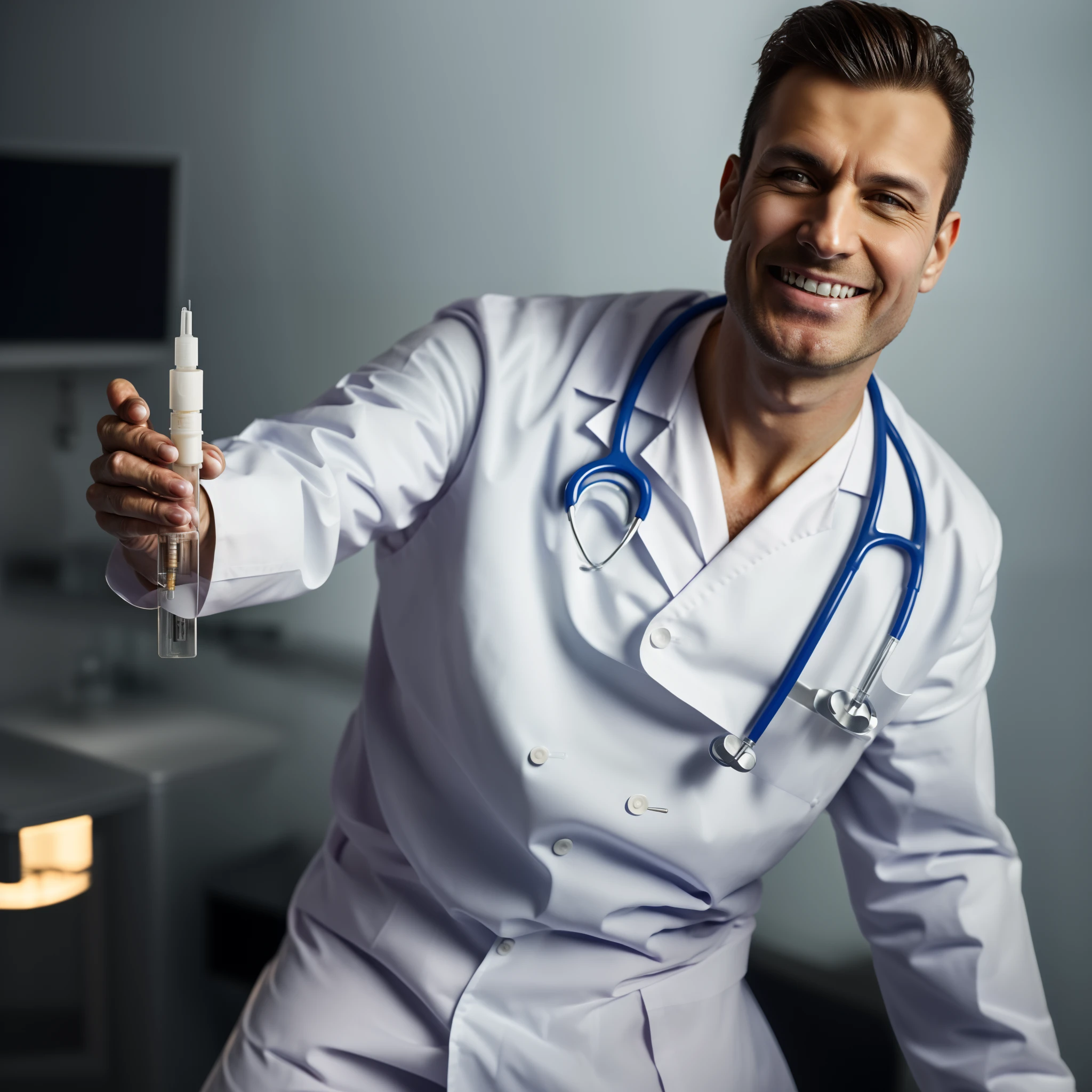 a sadistic white_skin doctor is ready to inject you serum with a syringe. On his face a naughty grin. 8k high definition, highest quality, skin texture, masterpiece, best quality, perfect lighting, cinematic lighting, (sharp focus:1.2), HDR, ultra-detailed