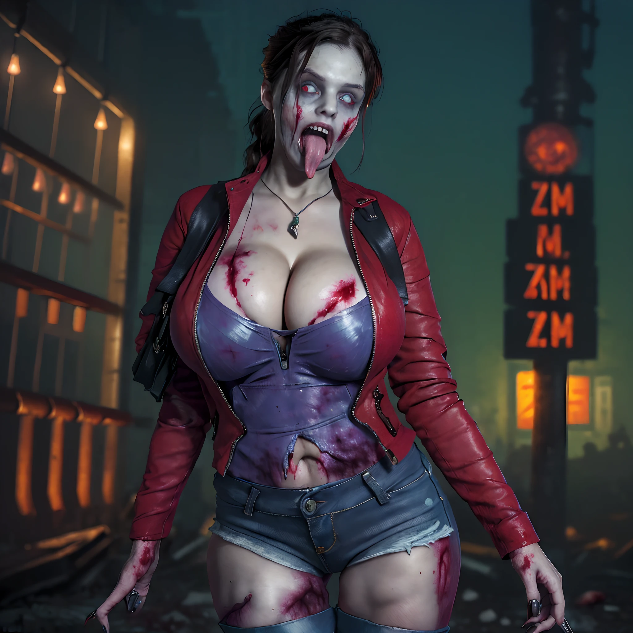 (masterpiece:1.2, Best Quality:1.2), ((Claire Redfield, super beautiful woman)), Resident evil, (Red jacket, White shirt, Long jeans, torn jeans), (Colossal tits:1.5, Huge boobs:1.5, Huge breasts:1.5, gigantic cleavage breasts:1.5), (Detailed face, Detailed skin texture, Perfect slim body, Tongue out:1.5, long tongue:1.5), At an abandoned gas station, Night, Dark atmosphere, (surround by male zombies:1.7),