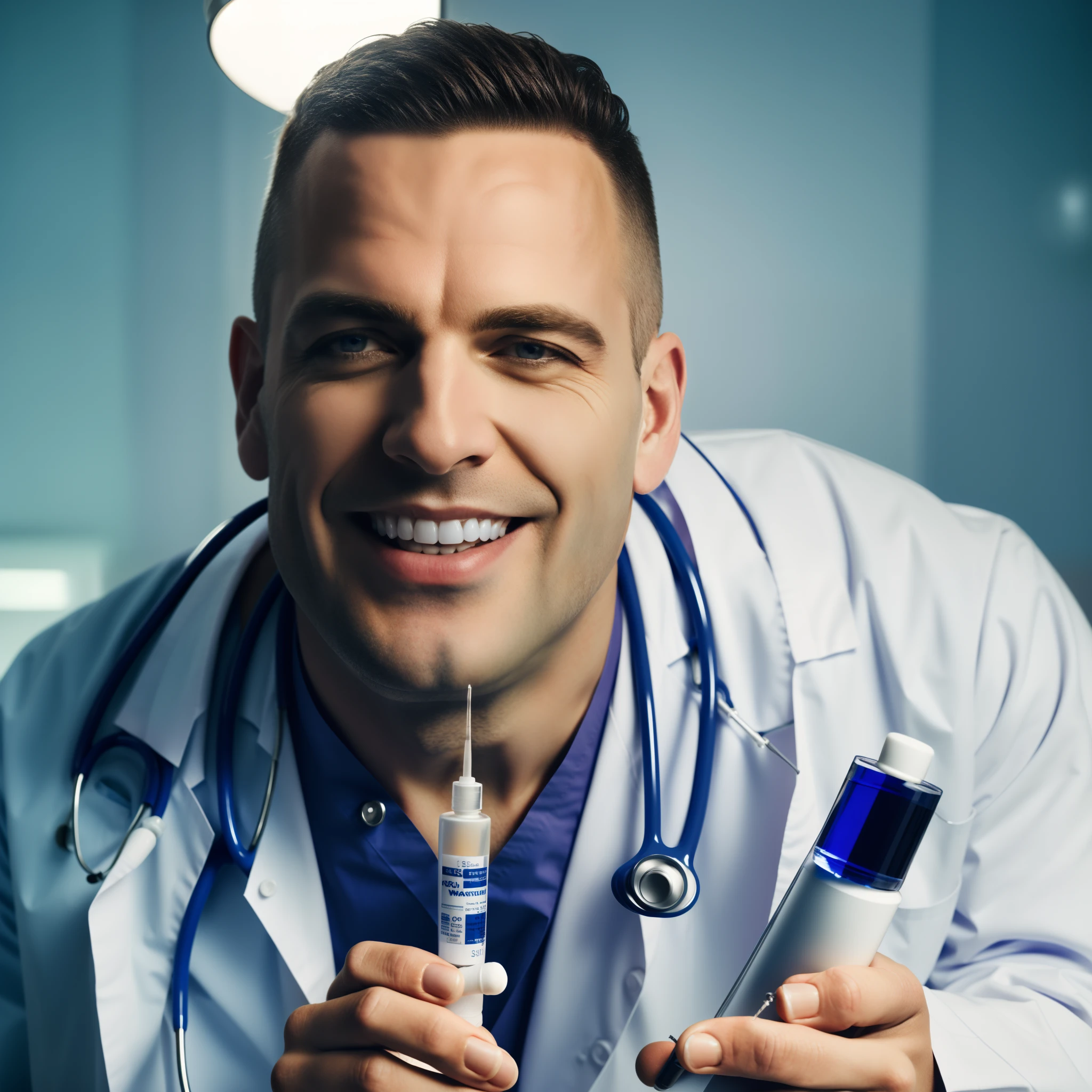 a sadistic white_skin doctor is ready to inject you serum with a syringe. On his face a naughty grin. 8k high definition, highest quality, skin texture, masterpiece, best quality, perfect lighting, cinematic lighting, (sharp focus:1.2), HDR, ultra-detailed