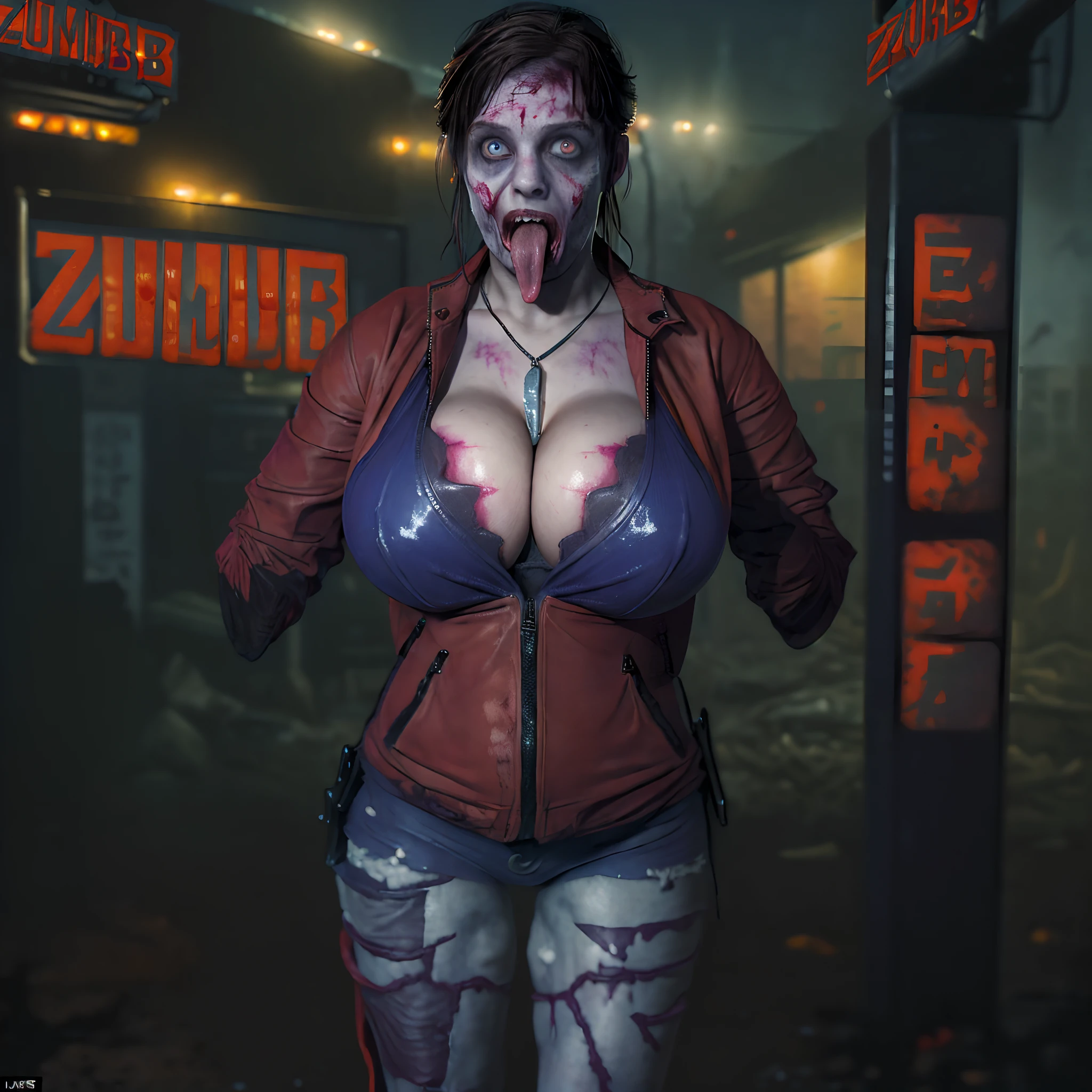 (masterpiece:1.2, Best Quality:1.2), ((Claire Redfield, super beautiful woman)), Resident evil, (Red jacket, White shirt, Long jeans, torn jeans), (Colossal tits:1.5, Huge boobs:1.5, Huge breasts:1.5, gigantic cleavage breasts:1.5), (Detailed face, Detailed skin texture, Perfect slim body, Tongue out:1.5, long tongue:1.5), At an abandoned gas station, Night, Dark atmosphere, (surround by male zombies:1.7),