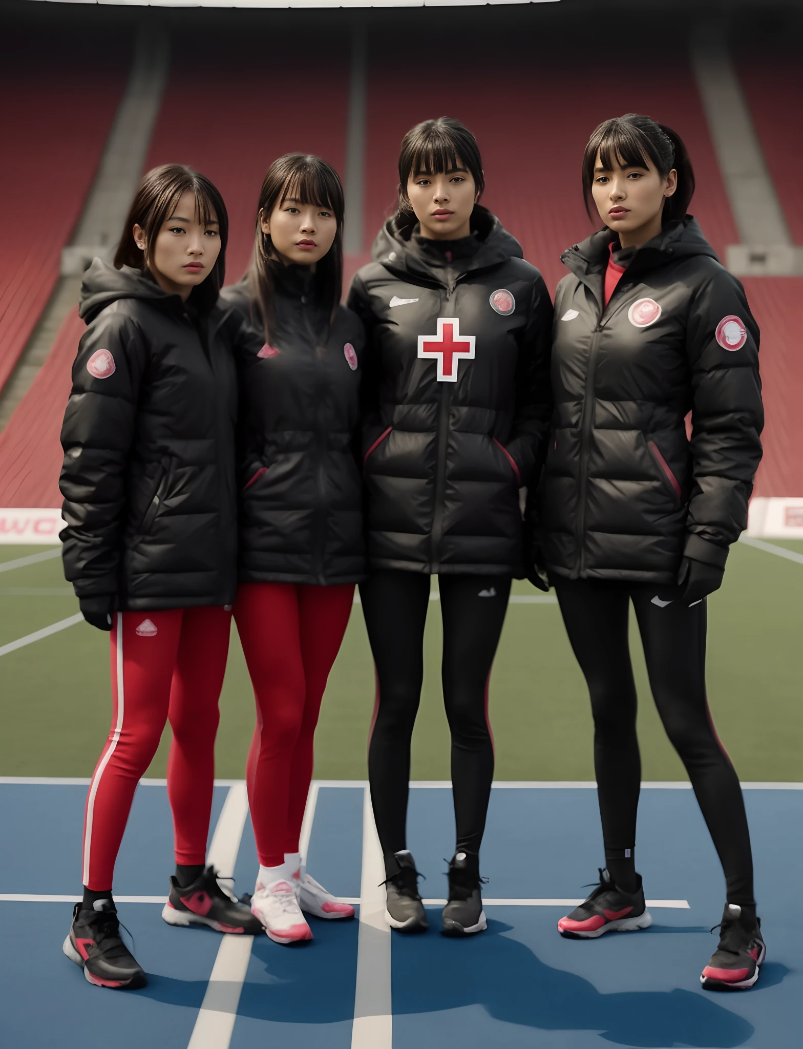 high shine laquered coats, moncler, four women in black down jackets standing on a blue field, godesses, 💣 💥💣 💥, professional sports style, 2 techwear women, sports clothing, wearing japanese techwear, official, sport clothing, 🤬 🤮 💕 🎀, black and red only, 💣 💥, illustration:.4, wearing track and field suit, ƒ / 2. 5