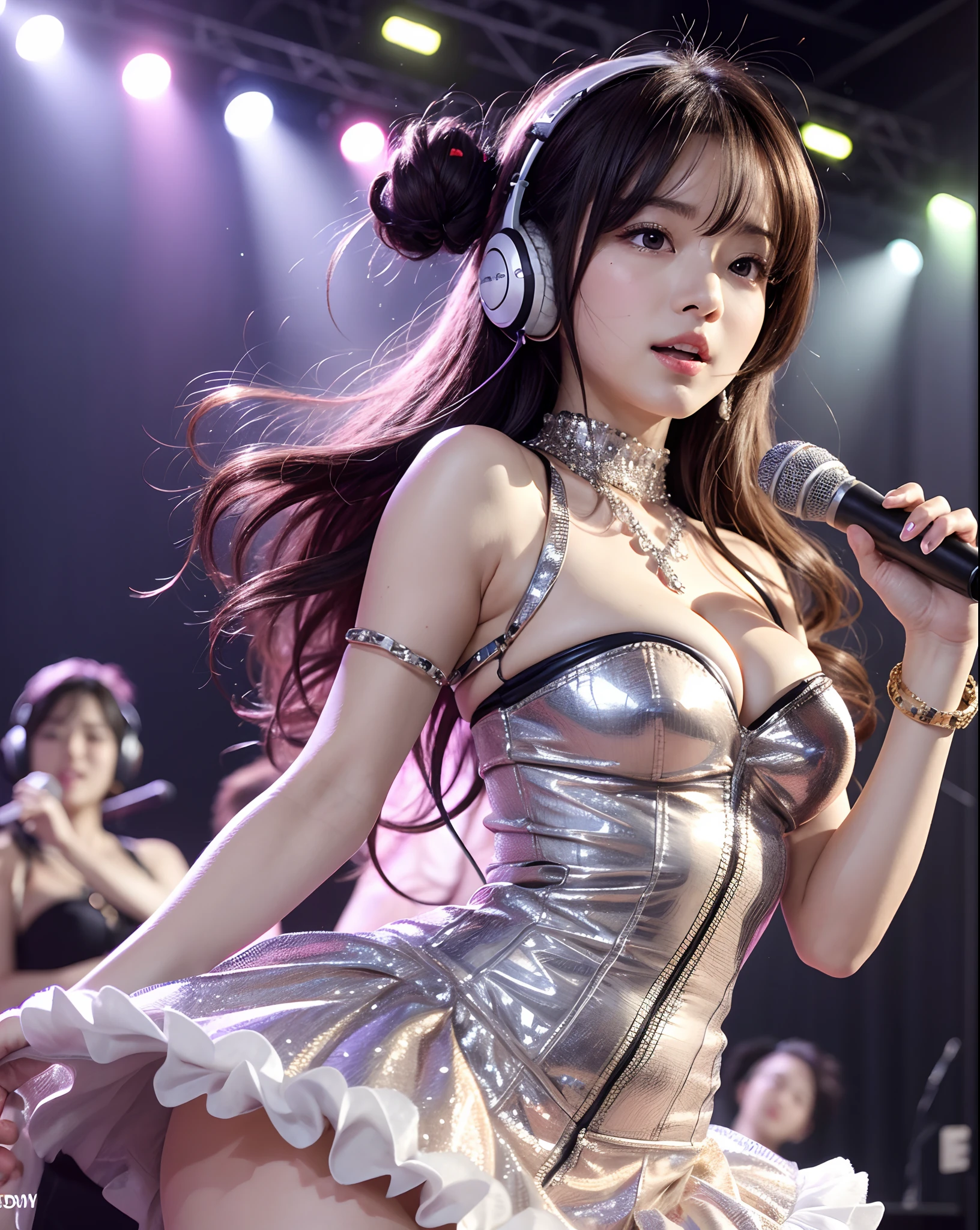 (Anime style:1.3), (Realistic, Photorealistic: 1.37), (masutepiece, Best Quality: 1.37), (Ultra High Resolution: 1.2), (Raw photo: 1.2), (Sharp Focus: 1.3), (Face Focus: 1.2), (Ultra detailed CG unified 8K wallpaper: 1.2), (Beautiful skin: 1.2), (pale skin: 1.3), (hyper-sharp focus: 1.5), (Ultra Sharp Focus: 1.5), ( Beautiful pretty face: 1.3), (The face of the Japan actress:1.3), (hyper detailed background, Detail Background: 1.3), masutepiece, Best Quality, hight resolution, ultra-detailliert, Hyper Sharp, absurderes, Detailed face, Photon mapping, White skin, Real Human Skin, (Detailed face), oval-face, pores, From below, low angles, looking down to viewer, 超A high resolution, (8K, Raw photo, Photorealistic:1.4), BREAK, 1girl in, slim, (largebreasts:1.37, cleavage), Illustration of a scene of an idol singer singing enthusiastically on a live stage.

Idol singer standing in the center of stage.
Idol singer wears miniskirts and boots.
Idol singer wears headset with hair up.
An idol singer is holding a microphone and singing.
The expression of the idol singer is serious and powerful.
The singer's voice is strong and beautiful.
Fans gather around the stage.
Fans are singing and dancing with idol singers.
The venue is filled with enthusiasm.
This illustration is、Shows the passionate live performance of the idol singer. Fans are fascinated by the voice and performance of the idol singer. The venue was full of excitement、The live performance of the idol singer was a great success.