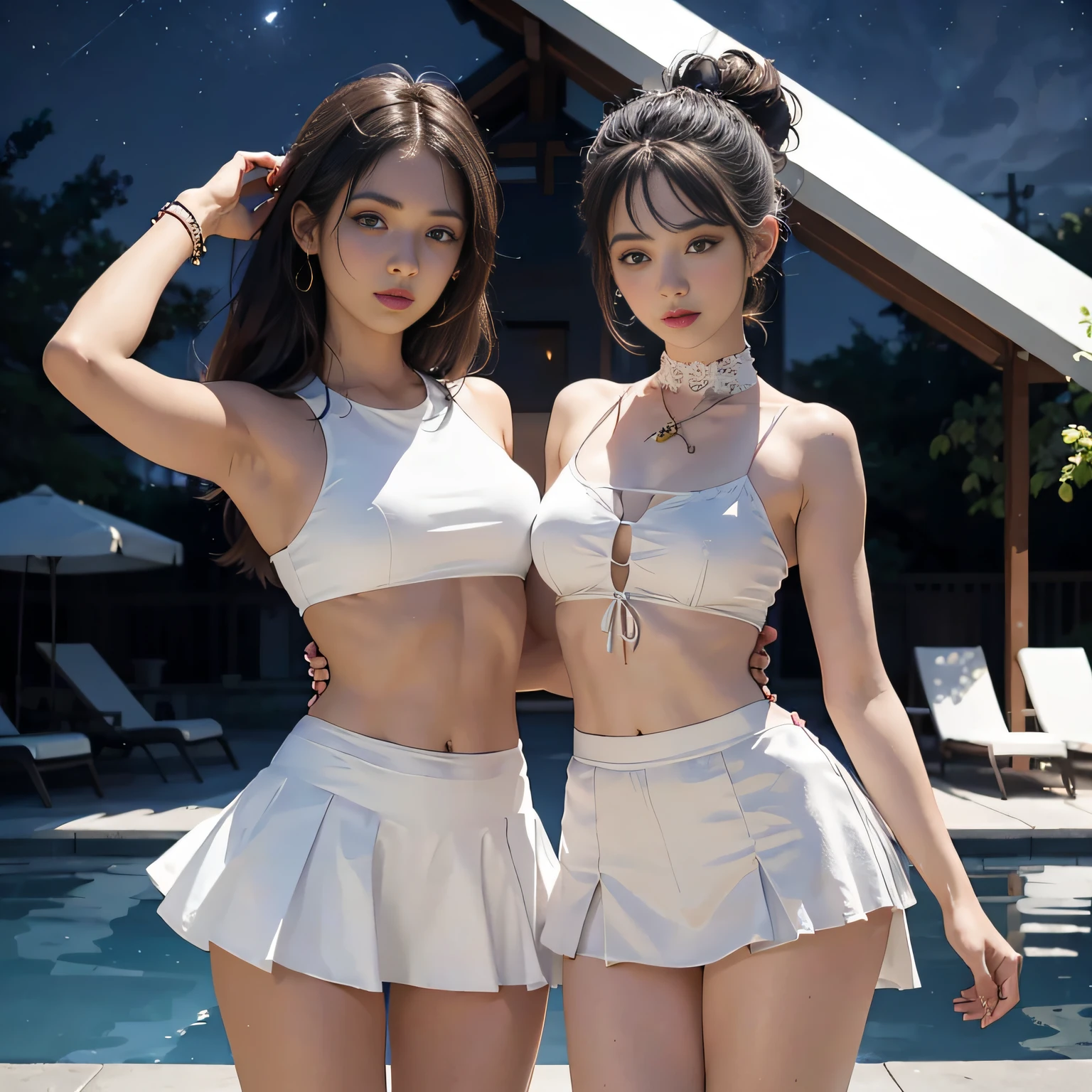 2 Beautiful Women, croptop, skirts that are too short, posing in the, Looks like the model Lucy Pinde。White panties are visible、Night Pool、Buttocks、