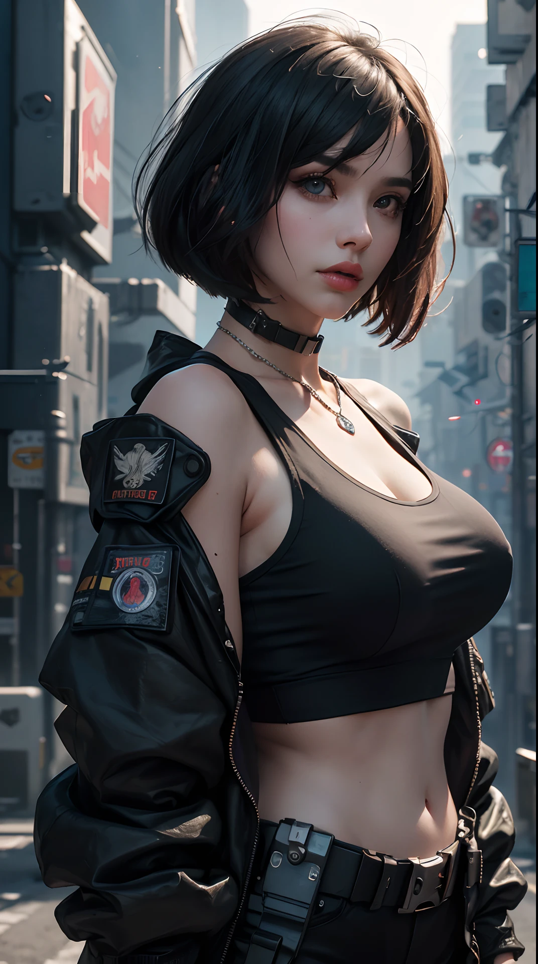 (best quality,4k,8k,highres,masterpiece:1.2), ultra-detailed, (realistic,photorealistic,photo-realistic:1.37), (beautiful detailed eyes, beautiful detailed lips, extremely detailed eyes and face, long eyelashes), studio lighting,physically-based rendering,vivid colors, (big tits, super big tits, super extra big tits), (black military jacket, tank top, dog tag, bob cut, smokey eye makeup:1.2), (cyberpunk, bulletproof armored car:1.2),
