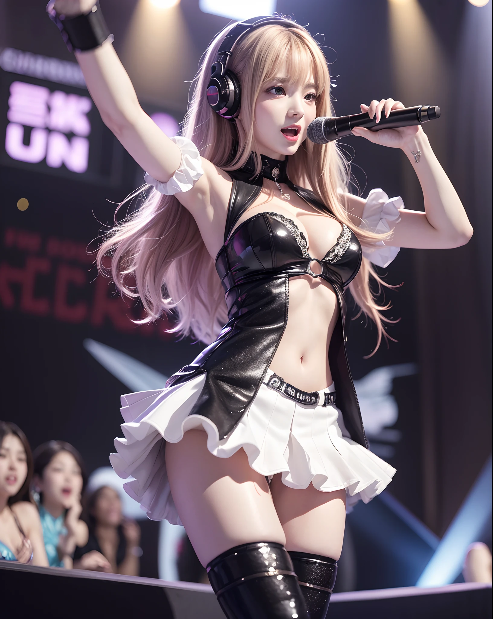 (Anime style:1.3), (Realistic, Photorealistic: 1.37), (masutepiece, Best Quality: 1.37), (Ultra High Resolution: 1.2), (Raw photo: 1.2), (Sharp Focus: 1.3), (Face Focus: 1.2), (Ultra detailed CG unified 8k wallpaper: 1.2), (Beautiful skin: 1.2), (pale skin: 1.3), (hyper-sharp focus: 1.5), (Ultra Sharp Focus: 1.5), ( Beautiful pretty face: 1.3), (The face of the Japan actress:1.3), (hyper detailed background, Detail Background: 1.3), masutepiece, Best Quality, hight resolution, ultra-detailliert, Hyper Sharp, absurderes, Detailed face, Photon mapping, White skin, Real Human Skin, (Detailed face), oval-face, pores, From below, low angles, looking down to viewer, 超A high resolution, (8K, Raw photo, Photorealistic:1.4), BREAK, 1girl in, slim, (largebreasts:1.37, cleavage), Illustration of a scene of an idol singer singing enthusiastically on a live stage.
Idol singer standing in the center of the stage.
Idol singer wears miniskirts and boots.
Idol singer puts on headset with hair up.
An idol singer is holding a microphone and singing.
The expression of the idol singer is serious and powerful.
The singer's voice is strong and beautiful.
Fans gathering around the stage.
Fans are singing and dancing with idol singers.
The venue is filled with enthusiasm.
This illustration is、Passionate live performances of idol singers. Fans are fascinated by the voice and performance of the idol singer. The venue was filled with enthusiasm.、The live performance of the idol singer was a great success.