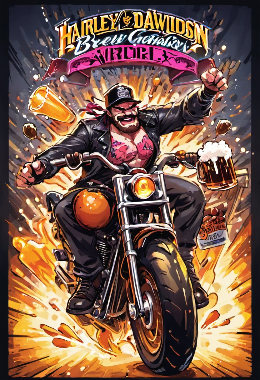 CREATE AN 80'S STYLE POSTER WITH BEER AND HARLEY DAVIDSON MOTORCYCLES, ON THE POSTER WRITE: BATIST BREW RIDERS