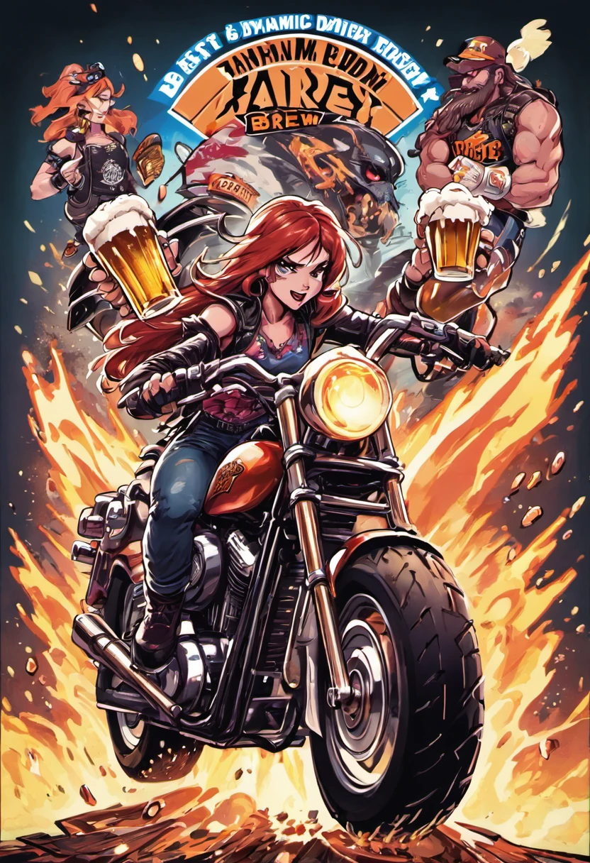 CREATE AN 80'S STYLE POSTER WITH BEER AND HARLEY DAVIDSON MOTORCYCLES, ON THE POSTER WRITE: BATIST BREW RIDERS