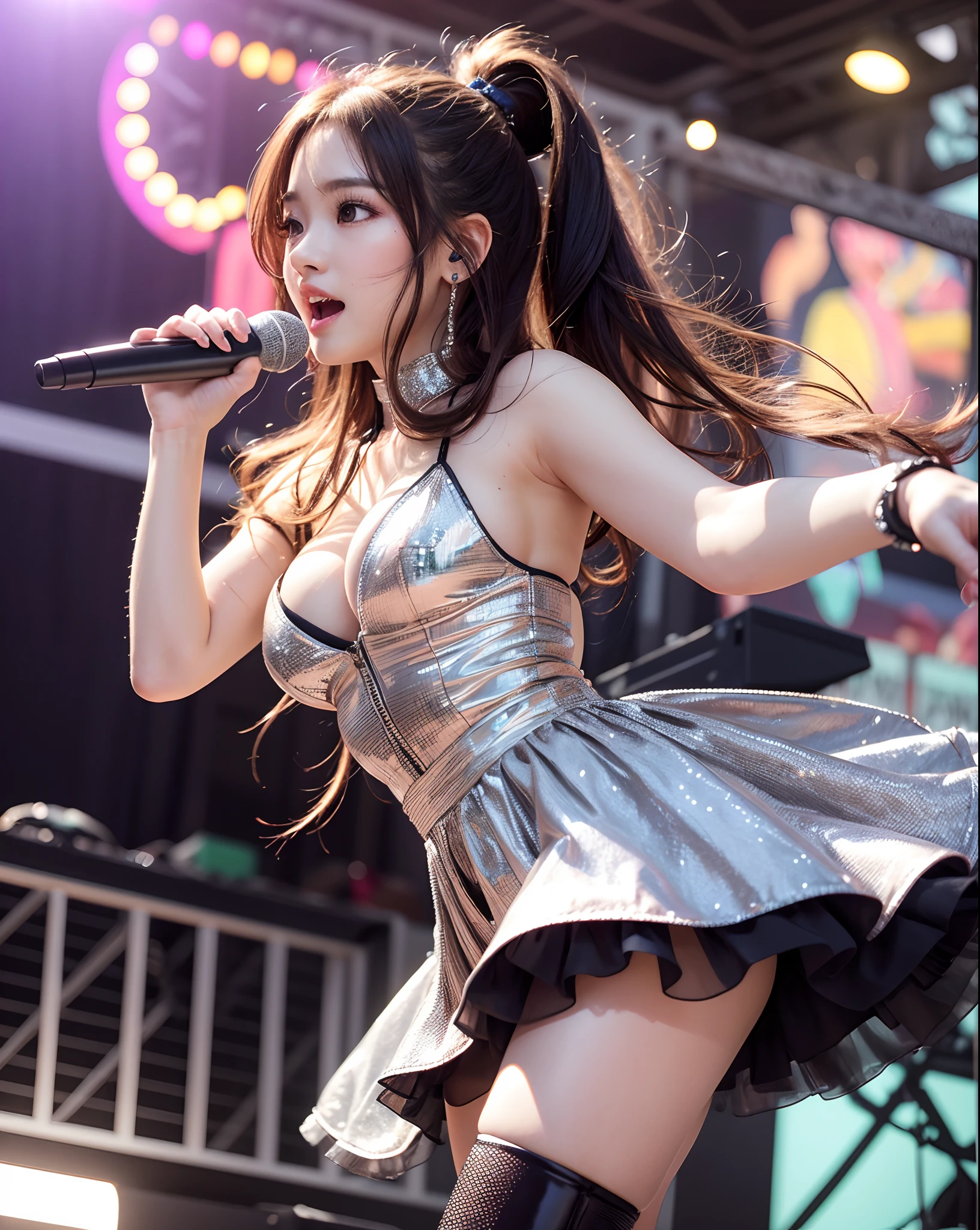 (Anime style:1.3), (Realistic, Photorealistic: 1.37), (masutepiece, Best Quality: 1.37), (Ultra High Resolution: 1.2), (Raw photo: 1.2), (Sharp Focus: 1.3), (Face Focus: 1.2), (Ultra detailed CG unified 8k wallpaper: 1.2), (Beautiful skin: 1.2), (pale skin: 1.3), (hyper-sharp focus: 1.5), (Ultra Sharp Focus: 1.5), ( Beautiful pretty face: 1.3), (The face of the Japan actress:1.3), (hyper detailed background, Detail Background: 1.3), masutepiece, Best Quality, hight resolution, ultra-detailliert, Hyper Sharp, absurderes, Detailed face, Photon mapping, White skin, Real Human Skin, (Detailed face), oval-face, pores, From below, low angles, looking down to viewer, 超A high resolution, (8K, Raw photo, Photorealistic:1.4), BREAK, 1girl in, slim, (largebreasts:1.37, cleavage), Illustration of a scene of an idol singer singing enthusiastically on a live stage.
Idol singer standing in the center of the stage.
Idol singer wears miniskirts and boots.
Idol singer puts on headset with hair up.
An idol singer is holding a microphone and singing.
The expression of the idol singer is serious and powerful.
The singer's voice is strong and beautiful.
Fans gathering around the stage.
Fans are singing and dancing with idol singers.
The venue is filled with enthusiasm.
This illustration is、Passionate live performances of idol singers. Fans are fascinated by the voice and performance of the idol singer. The venue was filled with enthusiasm.、The live performance of the idol singer was a great success.