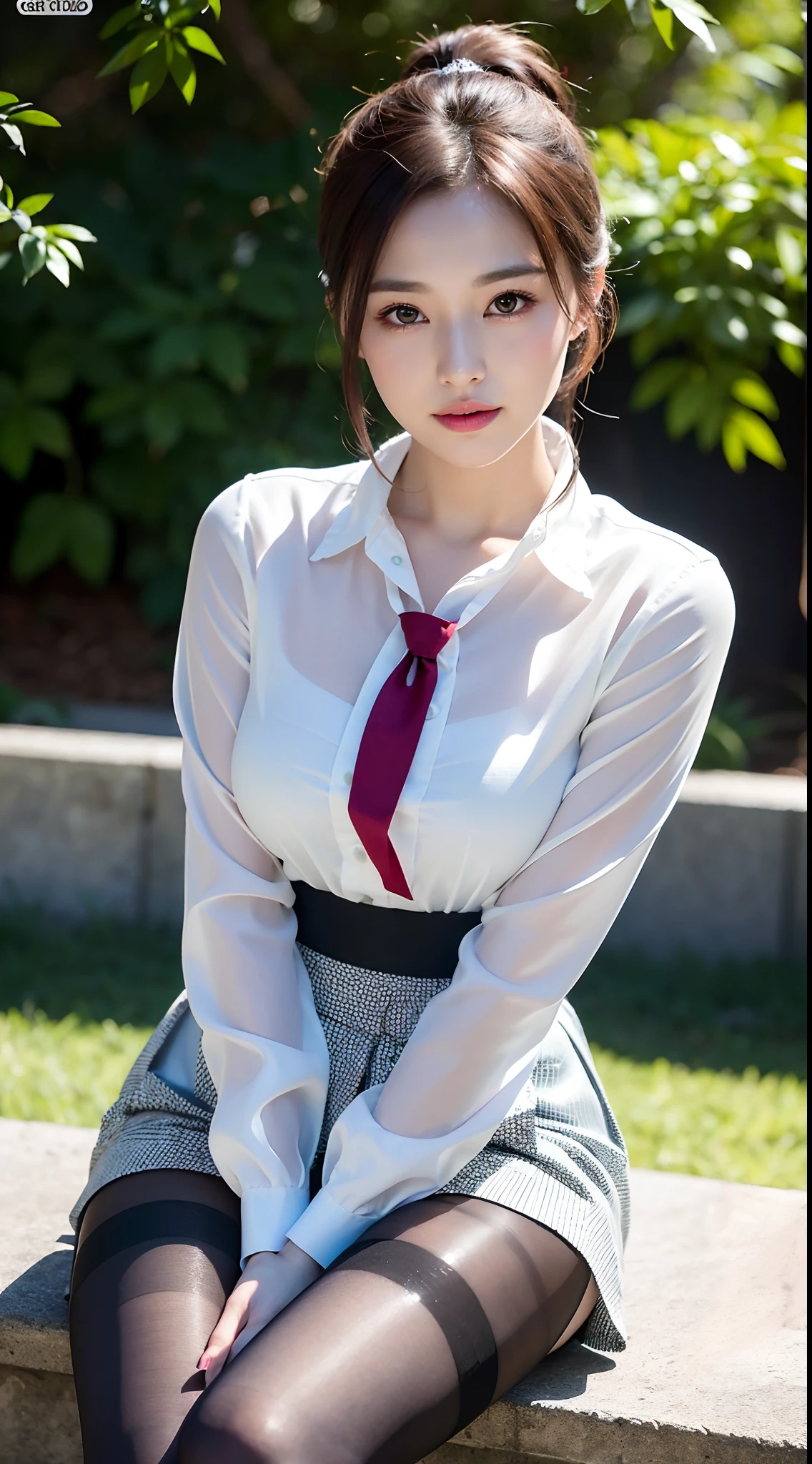 High society woman sitting on a beautiful park lawn，Bring a wallet and handbag, Sitting, (No bra)、Naked in an ultra-thin silk top、Jaw-dropping beauty、 thighhighs and skirt, (Wear pantyhose、Super realistic pantyhose)、elegant japanese woman, Ultra-thin white shirt and gray skirt, transparent gray skirts, model in Japan, wearing  shirt, japanese city street fashion, japanese street fashion, dressed with long fluent clothes, dressed with fluent clothes, very pretty model, In a white blouse shirt, cute elegant pose、A smile、　　RAW photo, (8K、top-quality、tmasterpiece:1.2)、(intricately details:1.4)、(Photorealsitic:1.4)、octane renderings、Complex 3D Rendering Ultra Detail, Studio soft light, rim lights, vibrant detail, super detailing, realistic skin textures, Detal Face, Beautiful detail eyes, Very detailed CG Unity 16k wallpaper, Make up - up, (detailedbackground:1.2),　Realistic skin feeling、shiny skins、Bare with thighs!!!、