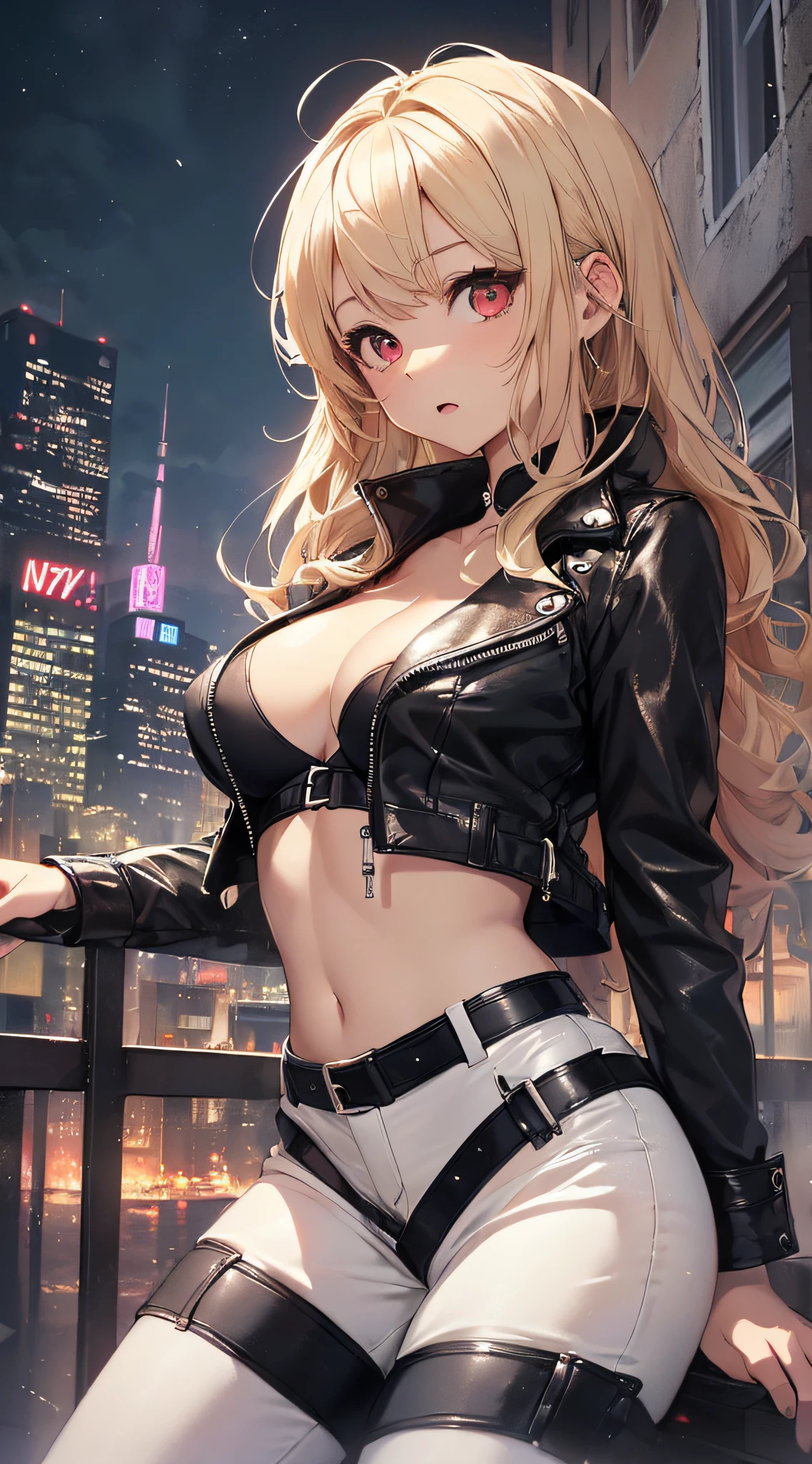 top-quality、Top image quality、masterpiece、girl with((cute little、18year old、Best Bust、Medium bust、Bust 85,Red eyes to issue、Breasts wide open,Valley、Blonde long hair、A slender、Black leather bra、Black leather jacket、White trousers、astonished face、weightless、float、splatters、levitation)hiquality、Beautiful Art、Background with((nightcity、mid air)),masutepiece、Elaborate design、visualart、depth of fields、