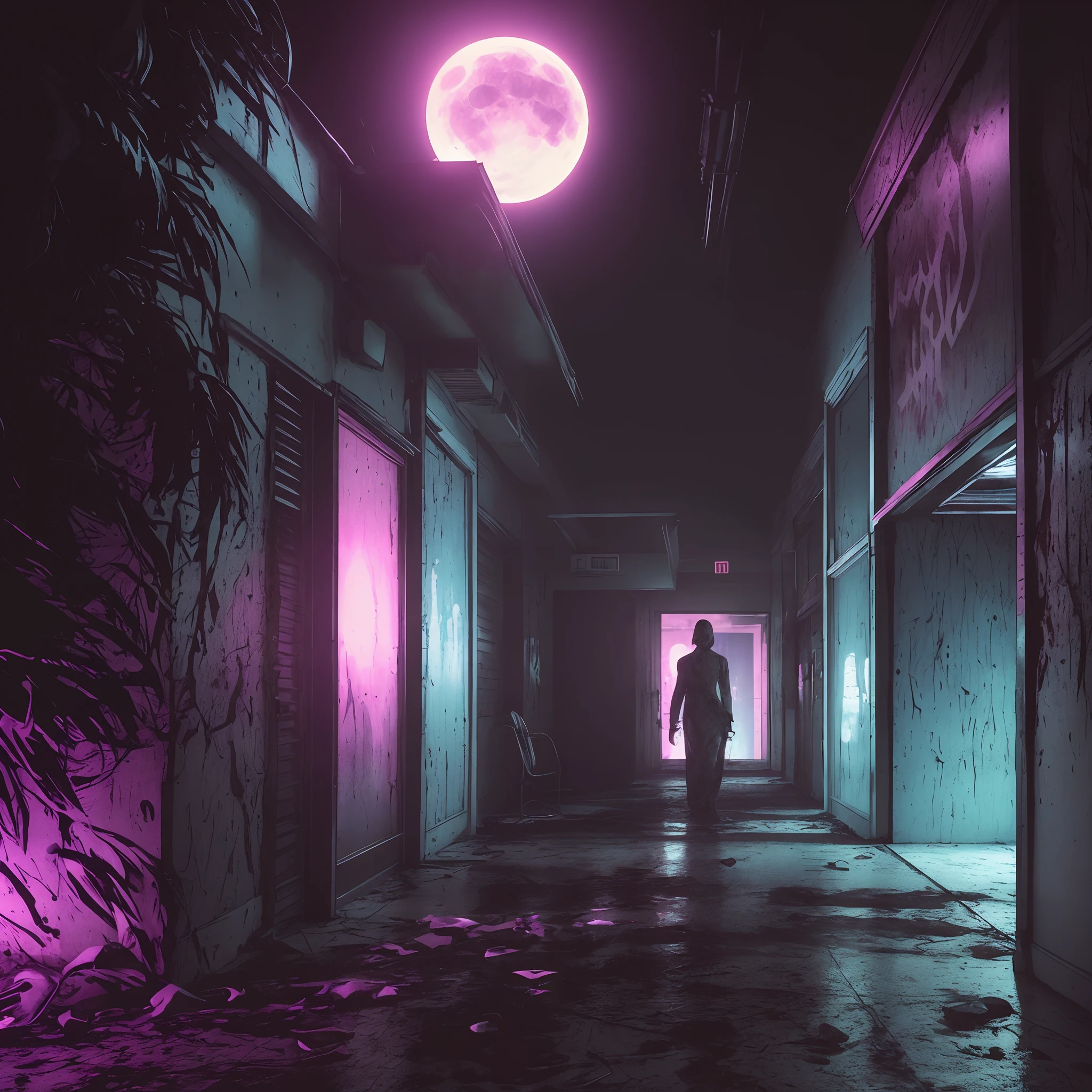 (best quality,4k,8k,highres,masterpiece:1.2),ultra-detailed,(realistic,photorealistic,photo-realistic:1.37),Vaporwave,Slasher Horror Movie,Analogue,ghost,retro aesthetic,glitch art,aesthetic colors,neon lights,vintage film grain,haunting atmosphere,dark shadows,foggy surroundings,1980s vibes,abandoned building,creepy dolls,ominous music,sinister presence in the background,suspenseful tension,old school VHS tapes,static noise,gruesome murders,blood splatter,distorted faces,nightmare fuel,psychedelic visuals,subtle hints of supernatural activity,ominous moonlight,retro gaming consoles,memories fading in and out,haunting melodies,dreamlike sequences.