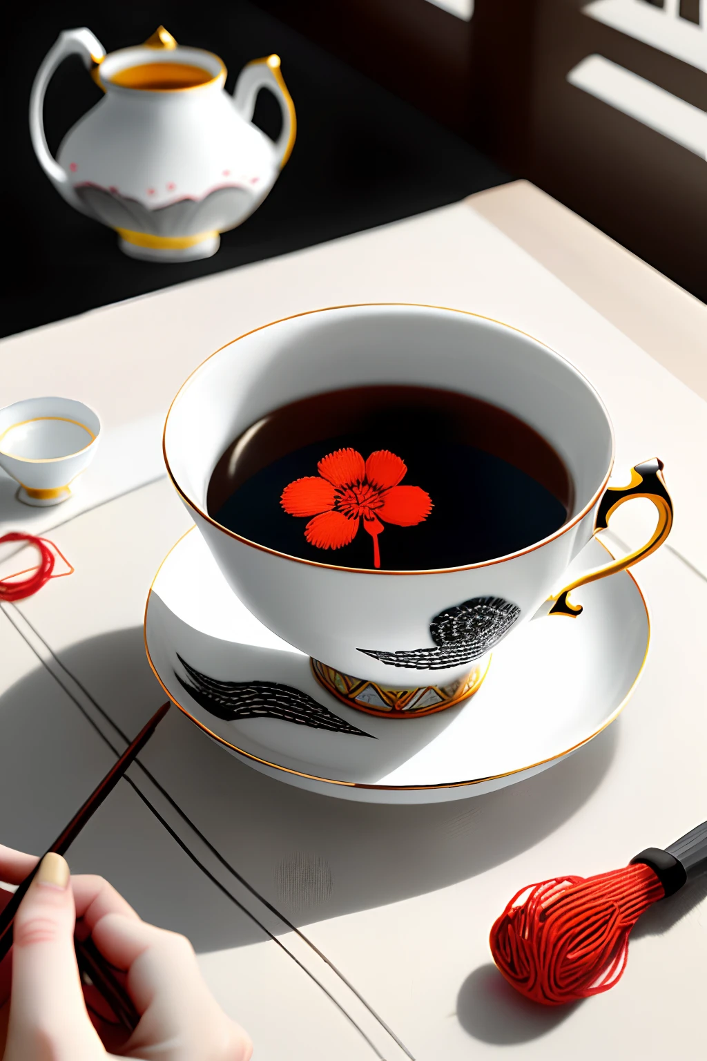 Design a teacup,The pattern has the characteristics of Yao embroidery,The color scheme is red, yellow, black and white,natural soft light
