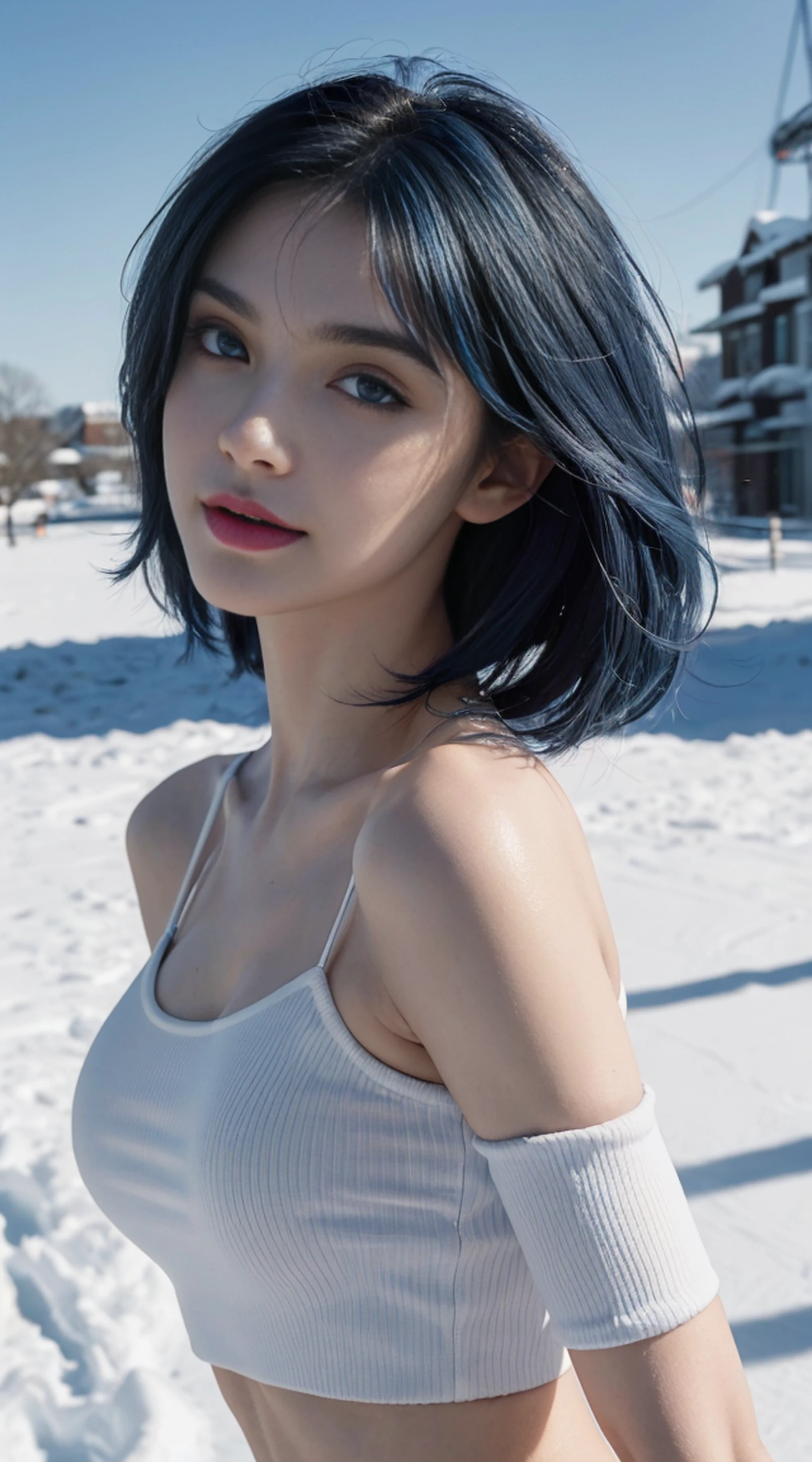 (10 years old) ,girl、(Bunny ears headband)。(Random Nudes)，Exhibitionism，((Random exposure of genitals))。　Beautiful areola。Small breasts. Thin Hair。(On top of a snowy mountain). Detailed and complex background。((Bright blue hair))。 Sparkly glitter hair. (Round face). ((Short Bob Hair)). Cute smile. Idol&#39;s face. Smooth Hair. Thin Hair. White skin. Cute pose with legs apart. Blue eyes