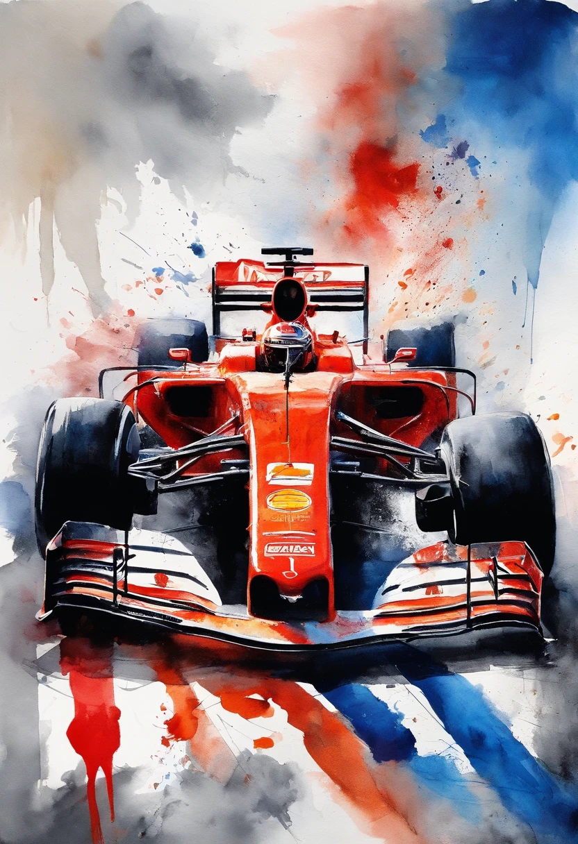 Coche de Formula 1, en colores azul, rojo y blanco, vista superior, sobre asfalto con lineas de meta blancas y detalles de bandera a cuadros, estela de viento, hiper realista, en 16:9, 4K