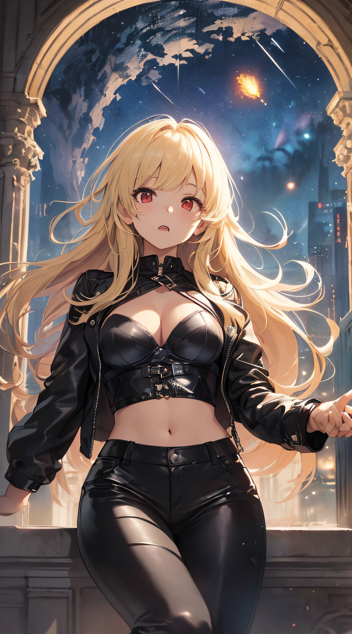 top-quality、Top image quality、masterpiece、girl with((cute little、18year old、Best Bust、Medium bust、Bust 85,Red eyes to issue、Breasts wide open,Valley、Blonde long hair、A slender、Black leather bra、Black leather jacket、White trousers、astonished face、weightless、float、splatters、levitation)hiquality、Beautiful Art、Background with((nigh sky、mid air、meteors)),Depth(nightcity)masutepiece、Elaborate design、visualart、depth of fields、