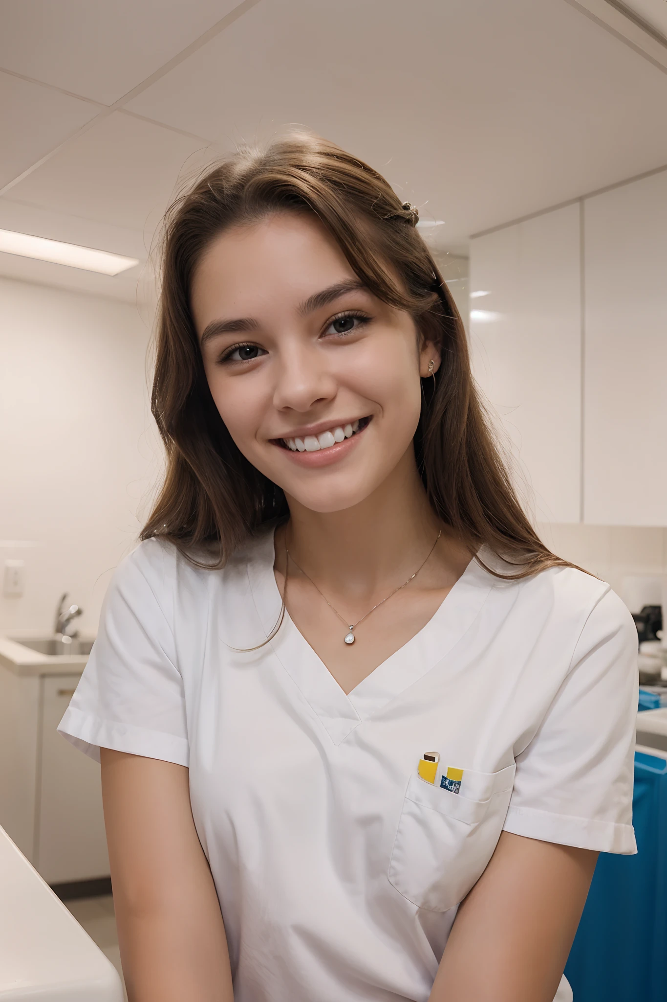 a single beautiful female veterinary technician, 16 years old, smiling with perfect straight white teeth