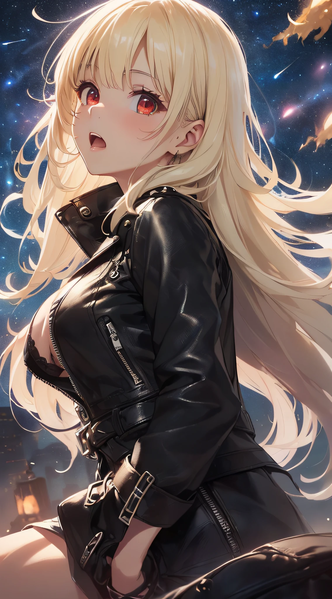 top-quality、Top image quality、masterpiece、girl with((cute little、18year old、Best Bust、Medium bust、Bust 85,Red eyes to issue、Breasts wide open,Valley、Blonde long hair、A slender、Black leather bra、Black leather jacket、White trousers、astonished face、weightless、float、splatters、levitation)hiquality、Beautiful Art、Background with((nigh sky、mid air、meteors)),Depth(nightcity)masutepiece、Elaborate design、visualart、depth of fields、