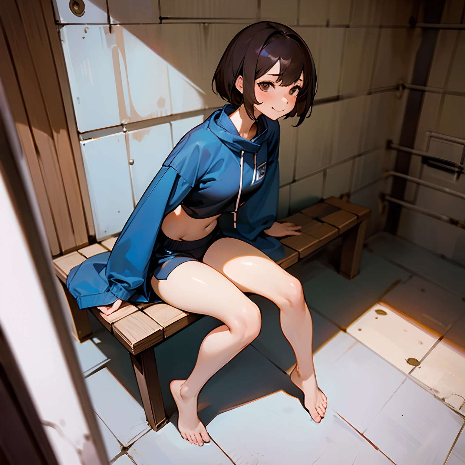 Sexy Girl in a dungeon, embarrassed, brown short hair, brown eyes, jail cell, open blue jacket, barefoot, sitting on a wooden bench, black jogging shorts,black sexy jogging crop top, nervous smile