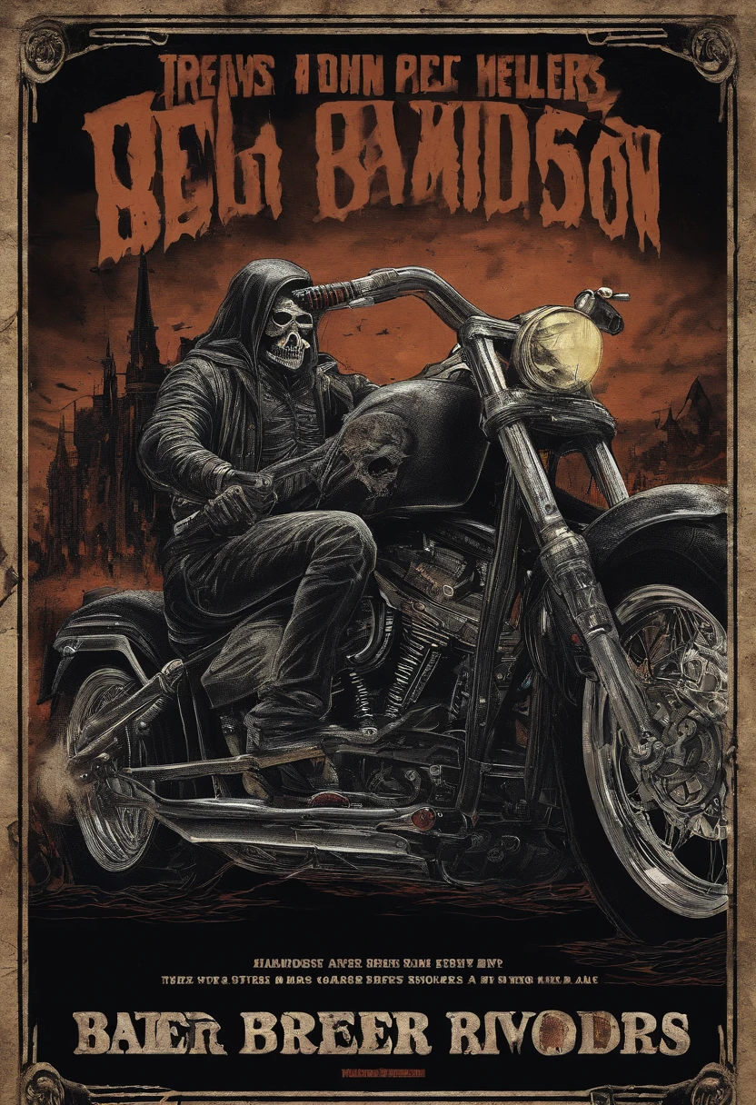 CREATE AN 80'S STYLE POSTER WITH BEER AND HARLEY DAVIDSON MOTORCYCLES, ON THE POSTER WRITE: BATIST BREW RIDERS
