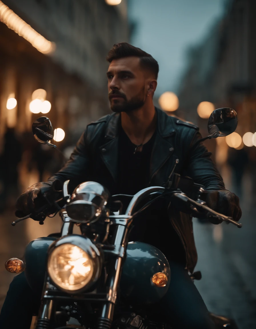 Film-like images, ((Medium close-up)), face facing audience, (reality :1.3), The most beautiful art in the world, A man looks into the camera.., Modern biker clothing, Biker Party, Beautiful faces in detail, Action Shots, (intricate :1.4), street background, photorealistic portrait, daylight, Global Lighting, CG, art station, masterpiece, HD Photography