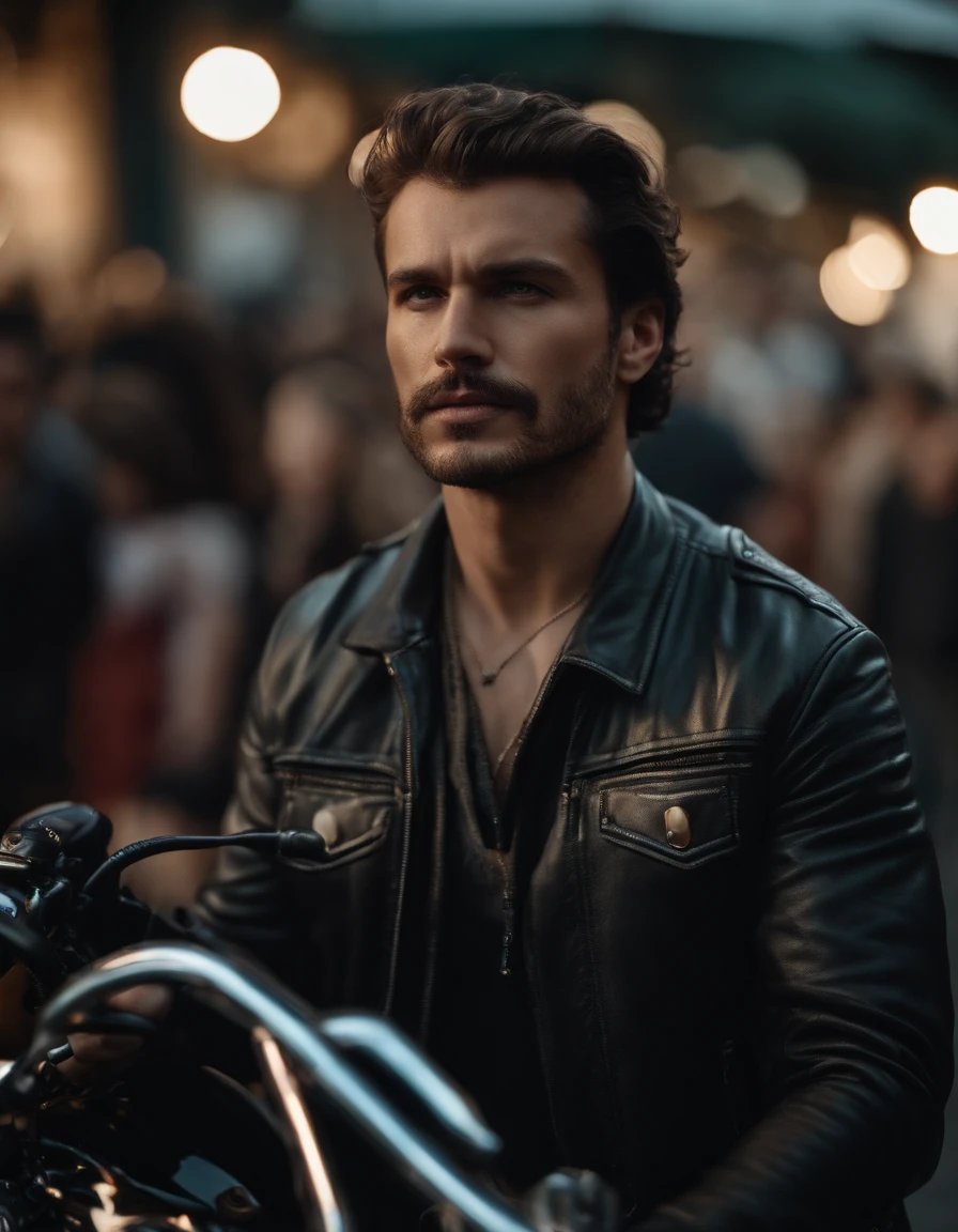 Film-like images, ((Medium close-up)), face facing audience, (reality :1.3), The most beautiful art in the world, A man looks into the camera.., Modern biker clothing, Biker Party, Beautiful faces in detail, Action Shots, (intricate :1.4), street background, photorealistic portrait, daylight, Global Lighting, CG, art station, masterpiece, HD Photography