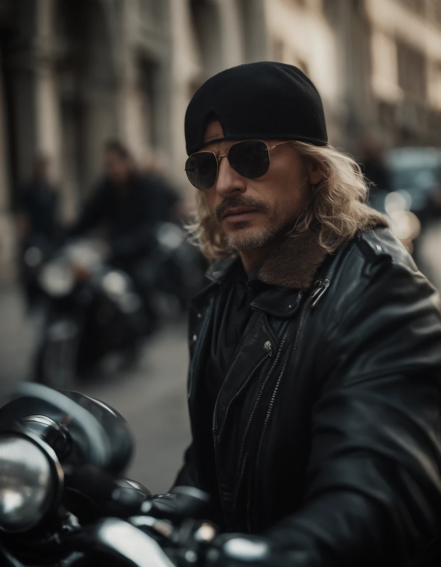 Film-like images, ((Medium close-up)), face facing audience, (reality :1.3), The most beautiful art in the world, A man looks into the camera.., Modern biker clothing, Biker Party, Beautiful faces in detail, Action Shots, (intricate :1.4), street background, photorealistic portrait, daylight, Global Lighting, CG, art station, masterpiece, HD Photography