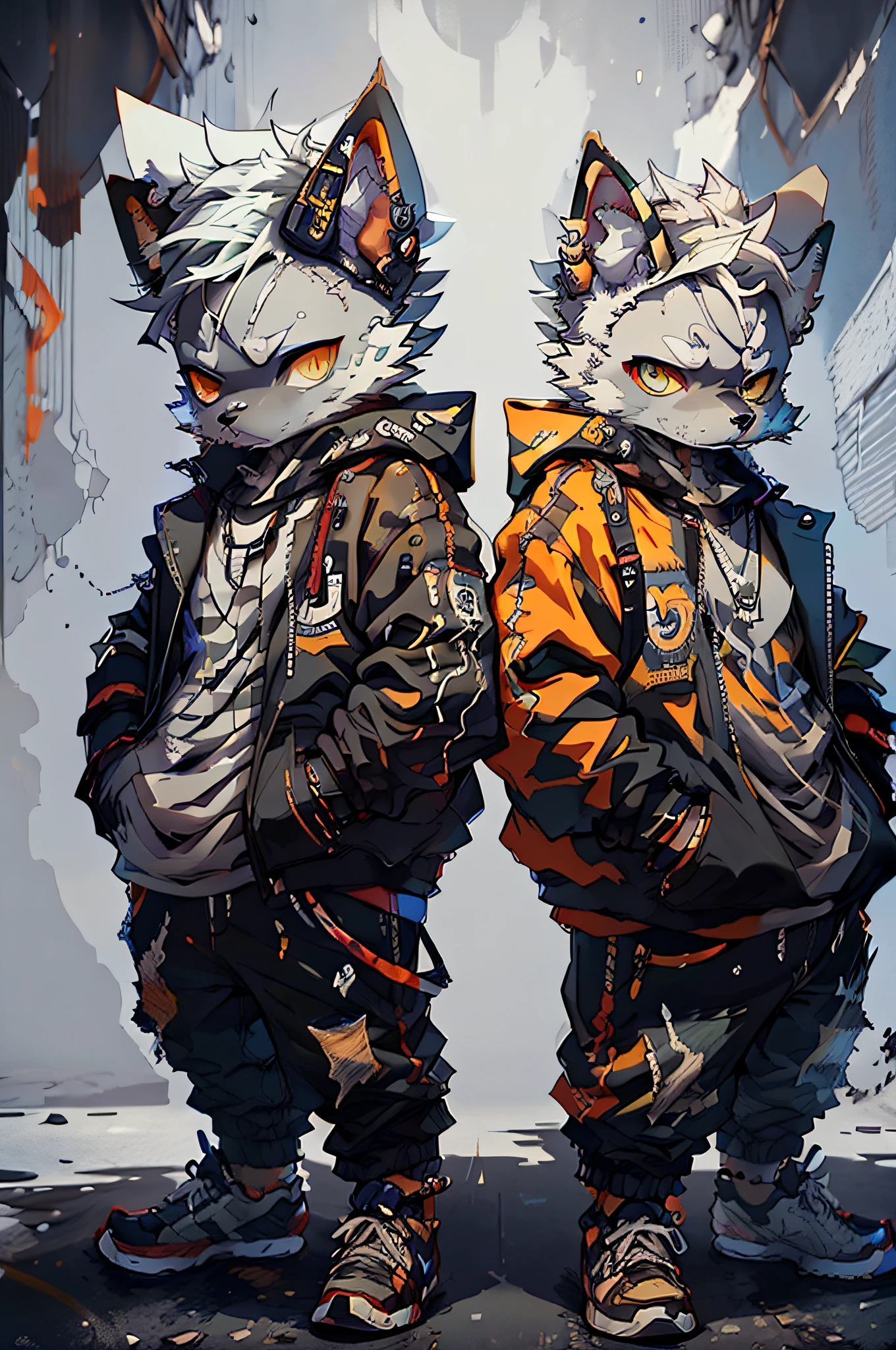 Two cool and trendy dogs looking here, White hair, Yellow eyes, Wear trendy hip-hop clothes, Wearing a hoodie, Graphic T-shirt and ripped jeans, Lots of tattoos and piercings, Doodle style background, Highly detailed background, perfect masterpiece, High quality, High resolution