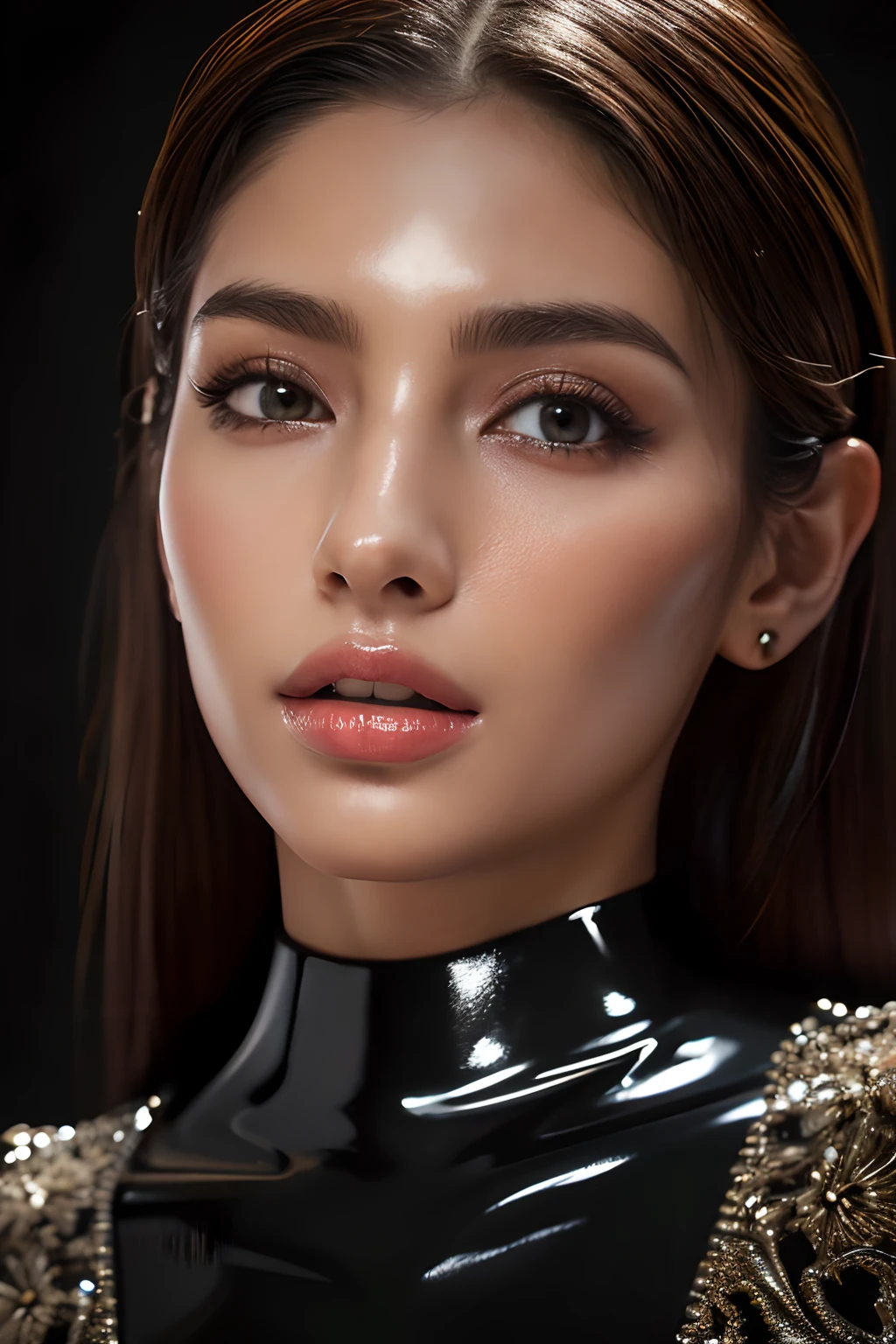 Masterpiece, best quality, (extremely detailed CG unity 8k wallpapers), (best quality), Latina women, naughty face, detail skin texture,(details of a very beautiful face)(best quality:1.4)8k resolution,(photo realistic) raw photo, gloss lips, expressive eyes, cinematic lighting, perfect body shape, full body, black latex suit, erected