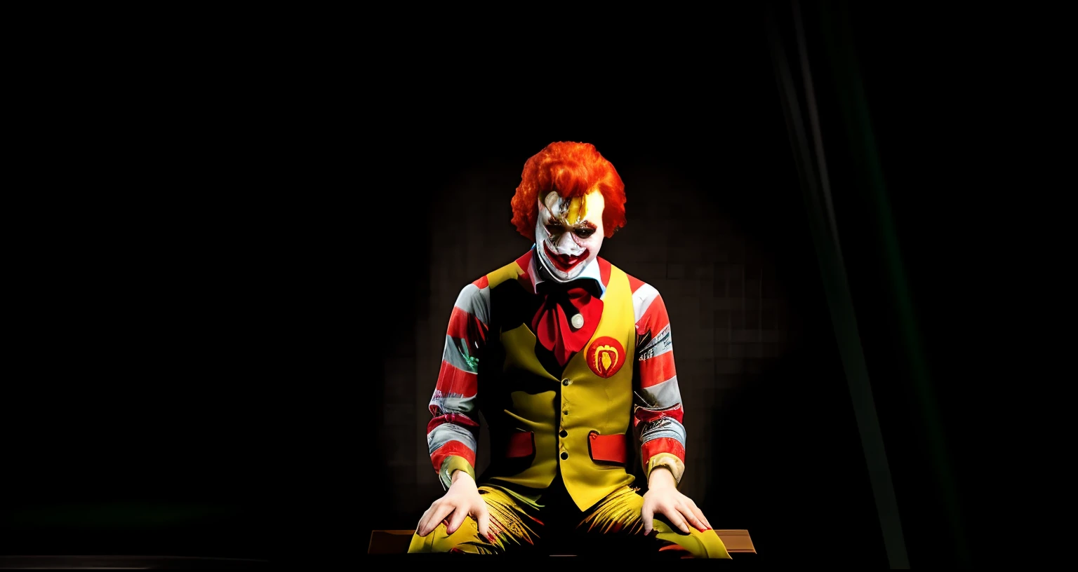 Clown sitting on a bench in the dark with a red wig, ronald mcdonald, Mcdonald, McDonalds, Imagem de Ronald McDonald, MC DONALDS, capitalist clown, como o coringa, coringa, O Coringa, Agora no McDonalds, Penteado vermelho Ronald McDonald, red ronald mcdonald messy hair, Jerma985 como o Coringa, Pauline Hanson como o Coringa.