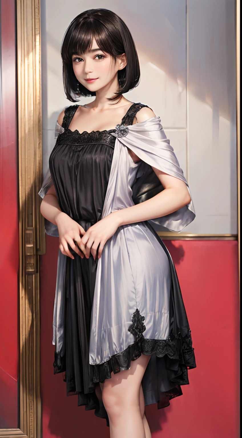 68
(a 20 yo woman,is standing), (A hyper-realistic), (Masterpiece), ((A dark-haired、short-hair:1.3)), (Silky hair), (breast:0.5), (kindly smile:0.7), lipsticks, Princess Dresses
