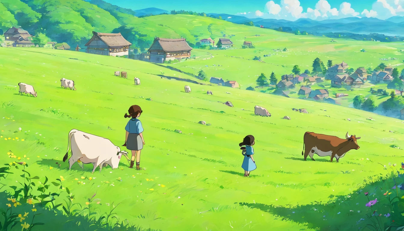 mont, grass field, Distant village, The  girl and her grandfather graze for the cows, springtime, Sunny weather, From a global perspective