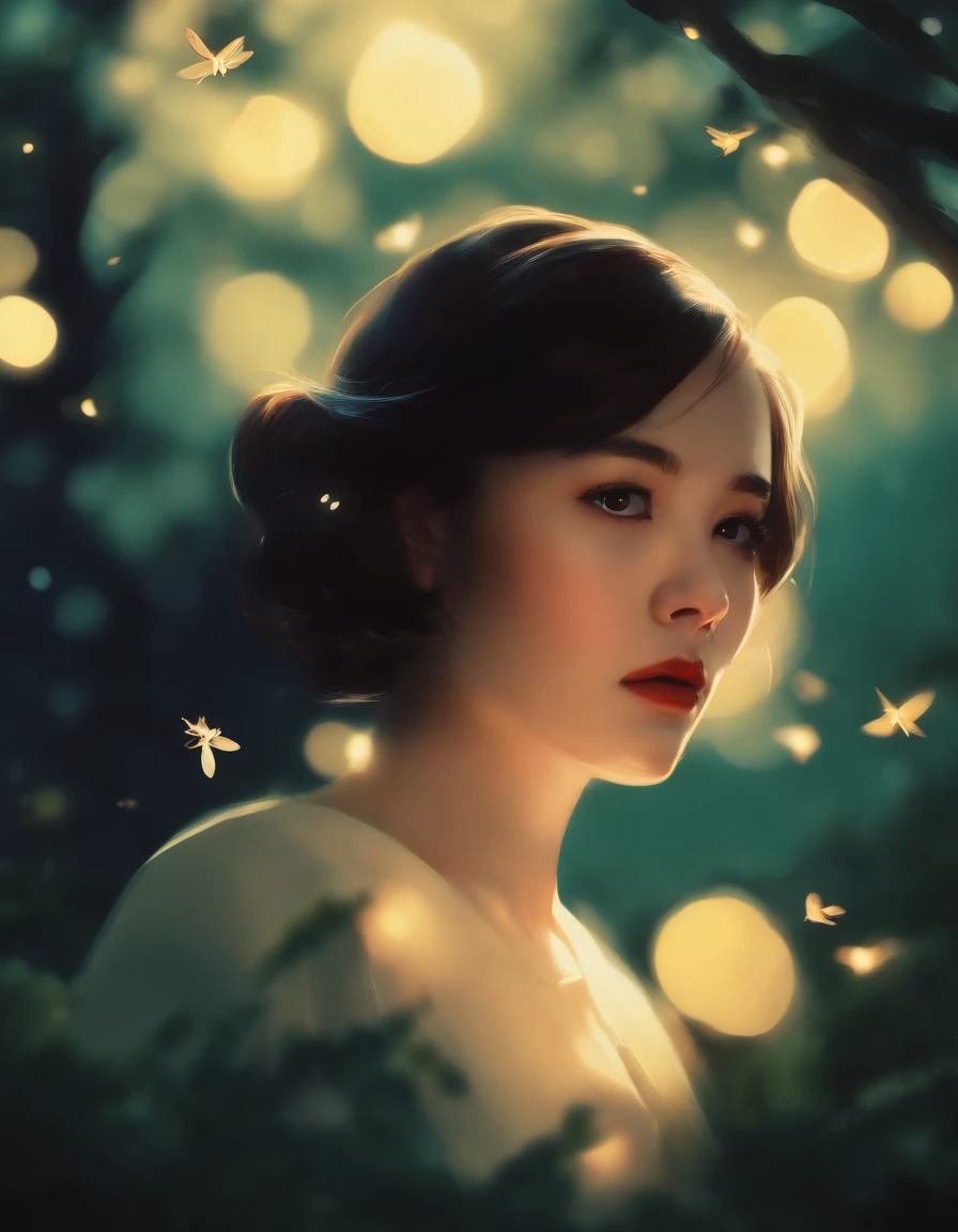 spirits among branches and fireflies by Kuvshinov, Samdoesart, dreamlike art, (((Surrealismo))), (Estilo-Vidro)