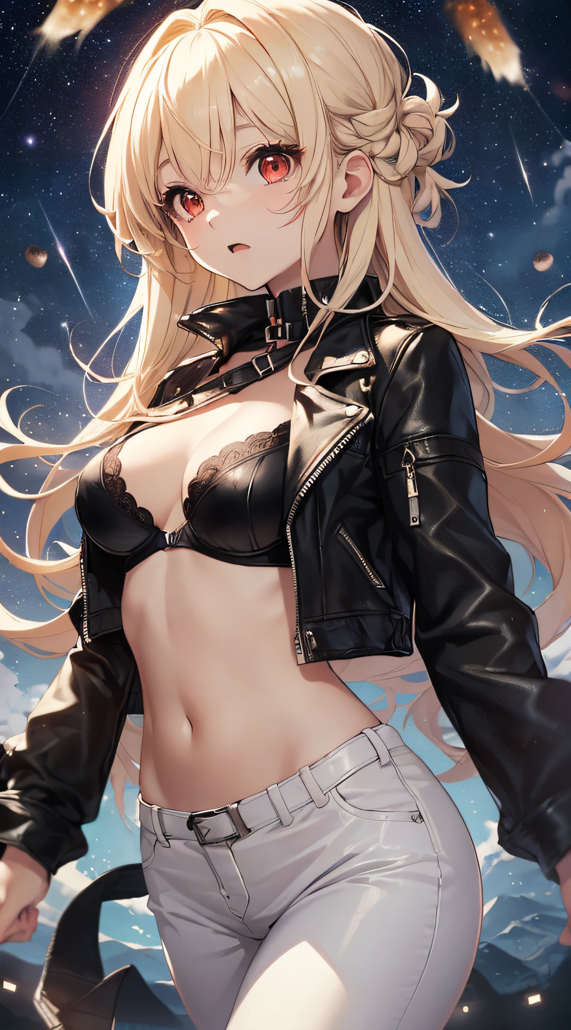 top-quality、Top image quality、masterpiece、girl with((cute little、18year old、Best Bust、Medium bust、Bust 85,Red eyes to issue、Breasts wide open,Valley、Blonde long hair、A slender、Black leather bra、Black leather jacket、White trousers、astonished face、weightless、float、splatters、levitation)hiquality、Beautiful Art、Background with((sky at night、mid air、meteors)),masutepiece、Elaborate design、visualart、depth of fields、Being in the air