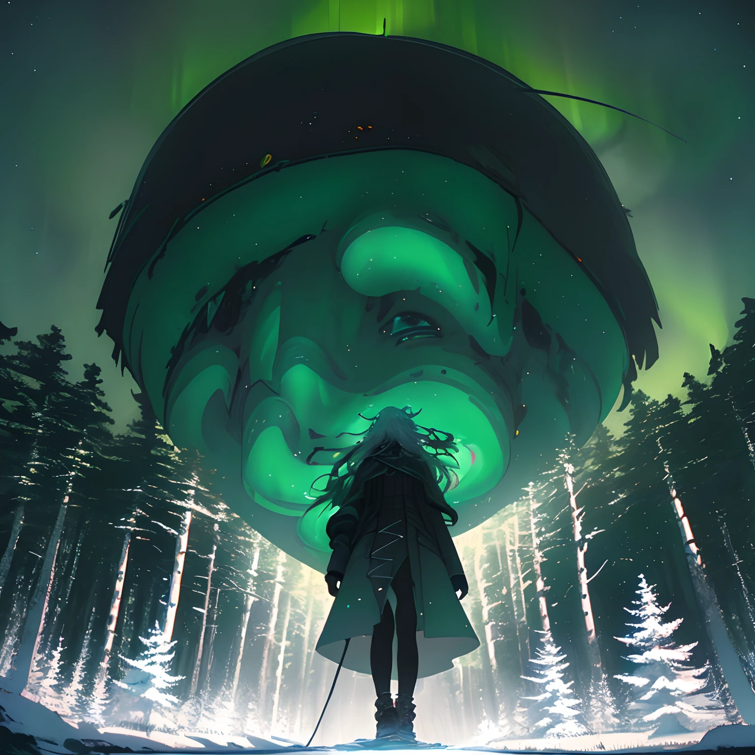 A woman walking in the woods with an amazing northern lights in the sky, Light magic,Fantastic background,Background of meaning,Absurd background,There are artistic overlays, Surrealism, cinematic lighting, speed lines, pov, UHD, masterpiece, best quality, super detail, highness, high quality