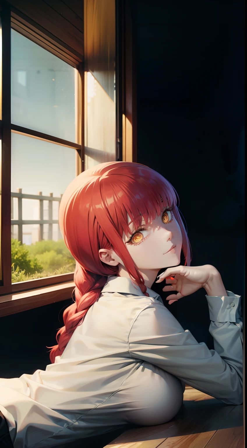 Undress, beautiful buttocks, lying on the table, Unbuttoning his shirt, Undress, Spacious room with large windows, white shirt, black tight pants, sexy body, teats, bare buttocks, beautiful breasts, bare buttocks, waist, tmasterpiece, beste-Qualit, portraite of a, a 1girl,makima \(chainsaw man\), 独奏, standingn, redhead hair, hairlong, braided, (bright glowing eyes: 1.4), (golden eyes: 1.3), dilated pupils, quiff, Average Breasts, white shirt, tie, opinion, ssmile, looking a viewer, (interview:1.3), hight resolution, (facial focus:1.4), (gaze at the viewer:1.15), (black backdrop,)