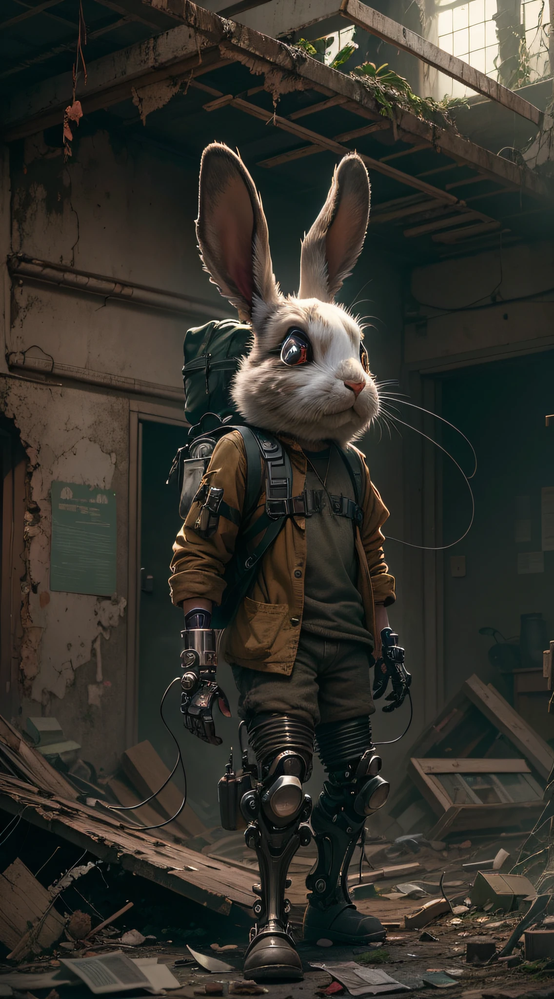 (Best quality,4K,8K,A high resolution,Masterpiece:1.2),Ultra-detailed,(Realistic,Photorealistic,photo-realistic:1.37),steampunc,illuminations,Cityscape,Abandoned,废墟,(Adventure bunny in an adventure costume), (Carrying an explorer's backpack),(Explore the hospital ruins),dystopian,Futuristic,Dark atmosphere,wreckage,wires hanging,smoke-filled sky,overgrown vegetation,black wall,Weeds sprout,Debris was scattered all over the place,Decaying furniture,Discarded medical equipment,Broken windows,Broken glass,Ominous Shadows,be desperate,Dust-covered floor,Dimly lit corridors,Unforgettable silence,lost hope,Epidemic of disease,Empty hospital bed,Recycling technology,Temporary living space,Post-apocalyptic fashion,(cybernetic limb),(Metal prosthesis),cogs and gears,Brass decoration,Steam-powered machinery,thing,Mechanical Wonder,GLOOMY AMBIANCE,Sepia color palette,Divine light shone through the shattered ceiling,intense contrast,Moody lighting.
