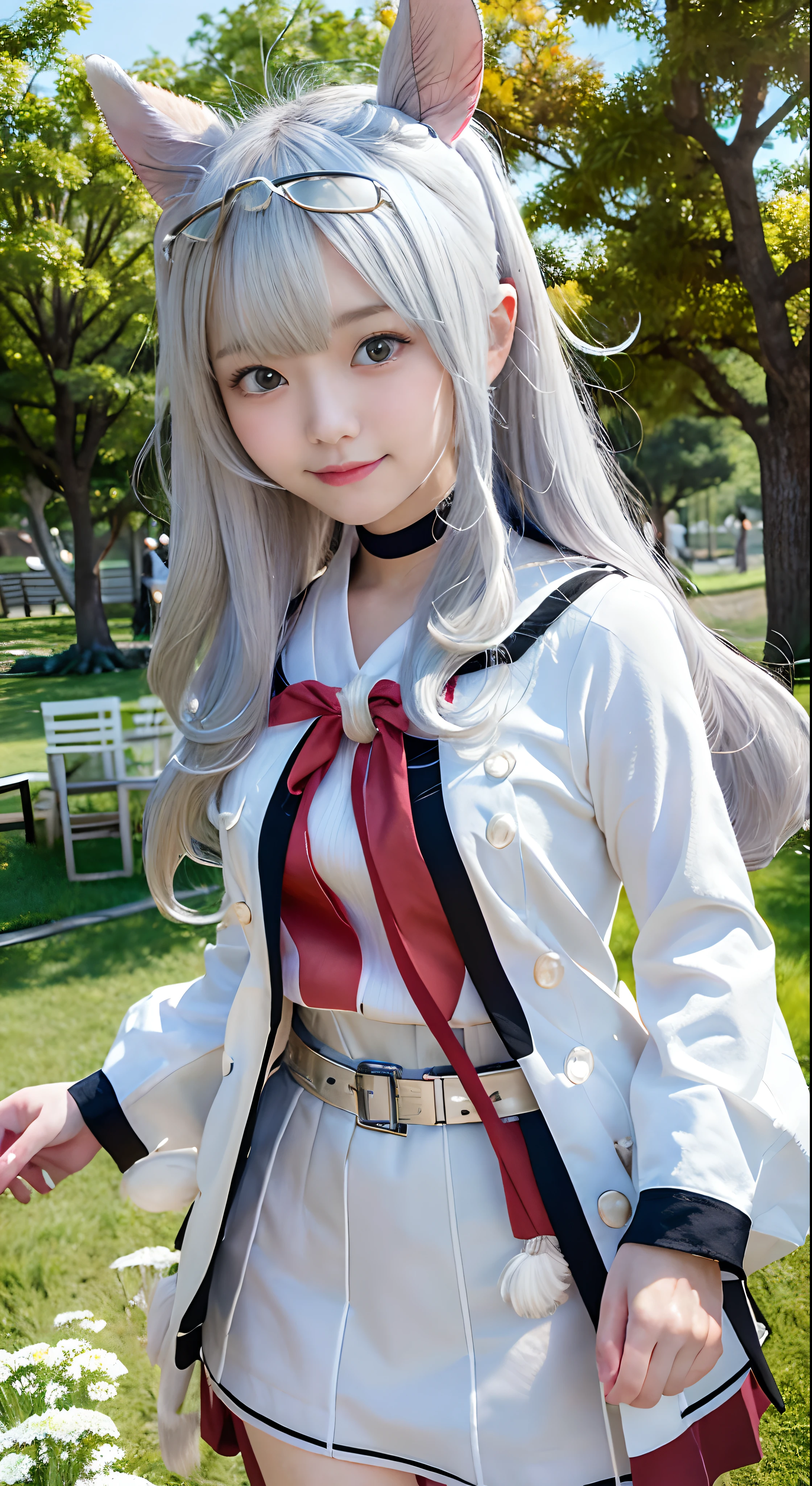 masutepiece, 8K Wallpaper, Best Quality, 1girl in, Oguricap, blush,  tussock, Looking at the viewer,hightquality、(masutepiece), (Best Quality), (Highly detailed,A smile、4K,lawn、(white  hair:1.4)