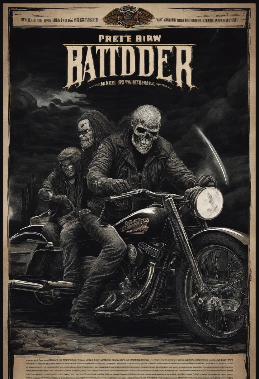 CREATE AN 80'S STYLE POSTER WITH BEER AND HARLEY DAVIDSON MOTORCYCLES, ON THE POSTER WRITE: BATIST BREW RIDERS