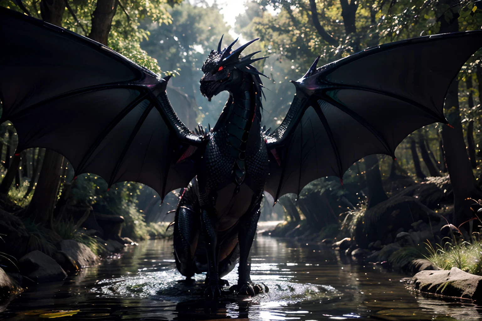 A large, beautiful black dragon with iridescent scales and menacing red eyes with outstretched wings, By the creek where the sun filters through the trees.